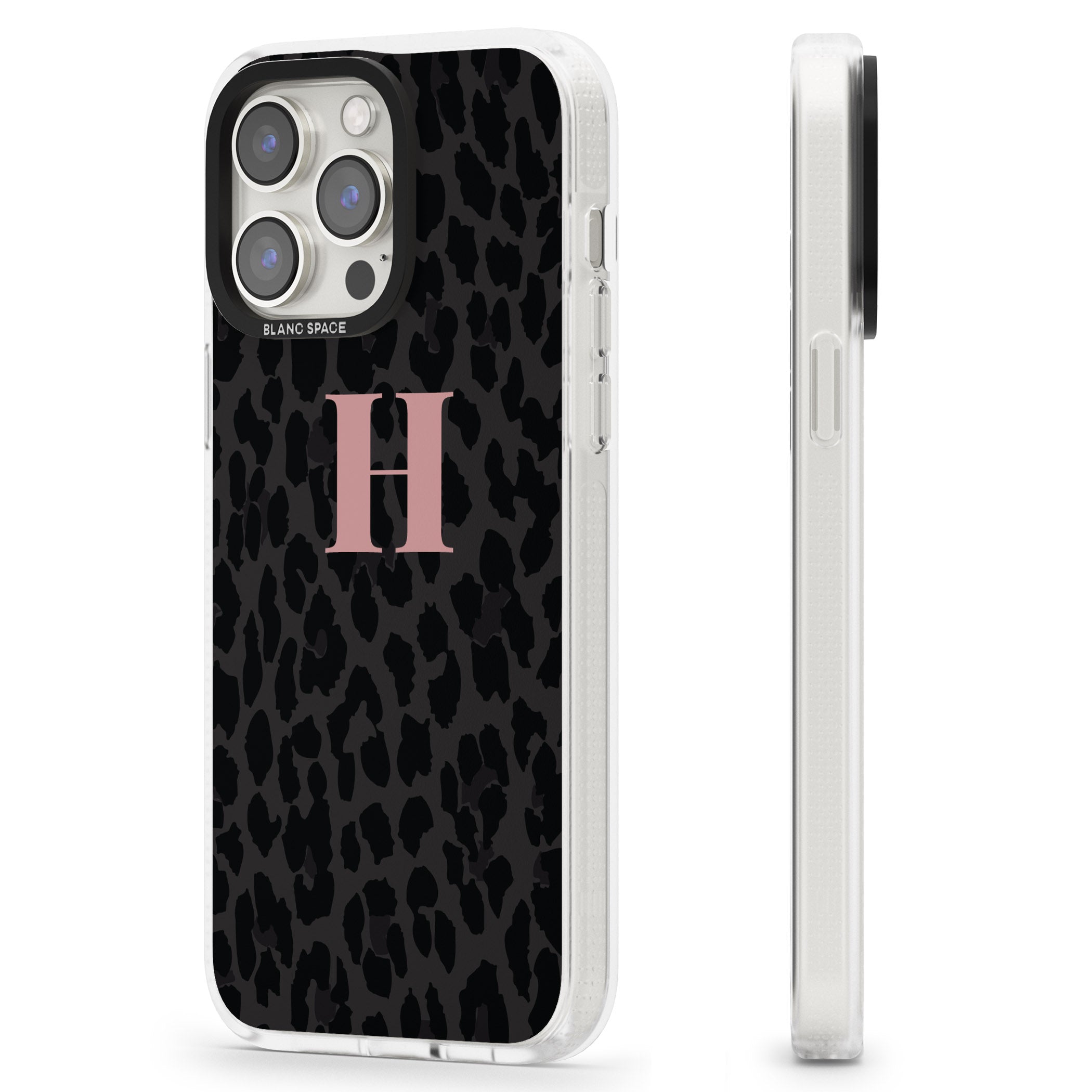 Personalised Small Pink Leopard Monogram iPhone 15 Pro Max / 15 Pro / 14 Pro Max / 14 Pro / 13 Pro Clear Case Impact Air - Blanc Space