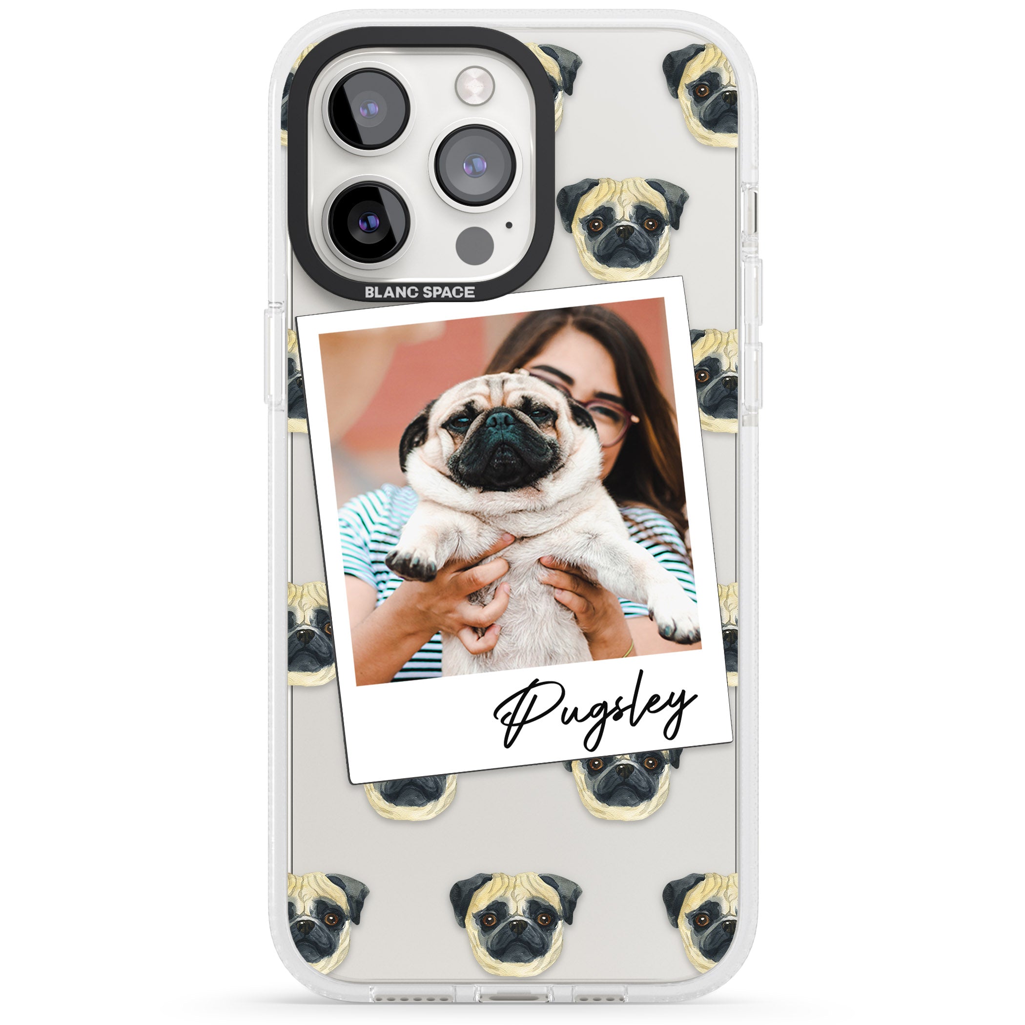 Personalised Pug - Dog Photo iPhone 15 Pro Max / 15 Pro / 14 Pro Max / 14 Pro / 13 Pro Clear Case Impact Air - Blanc Space