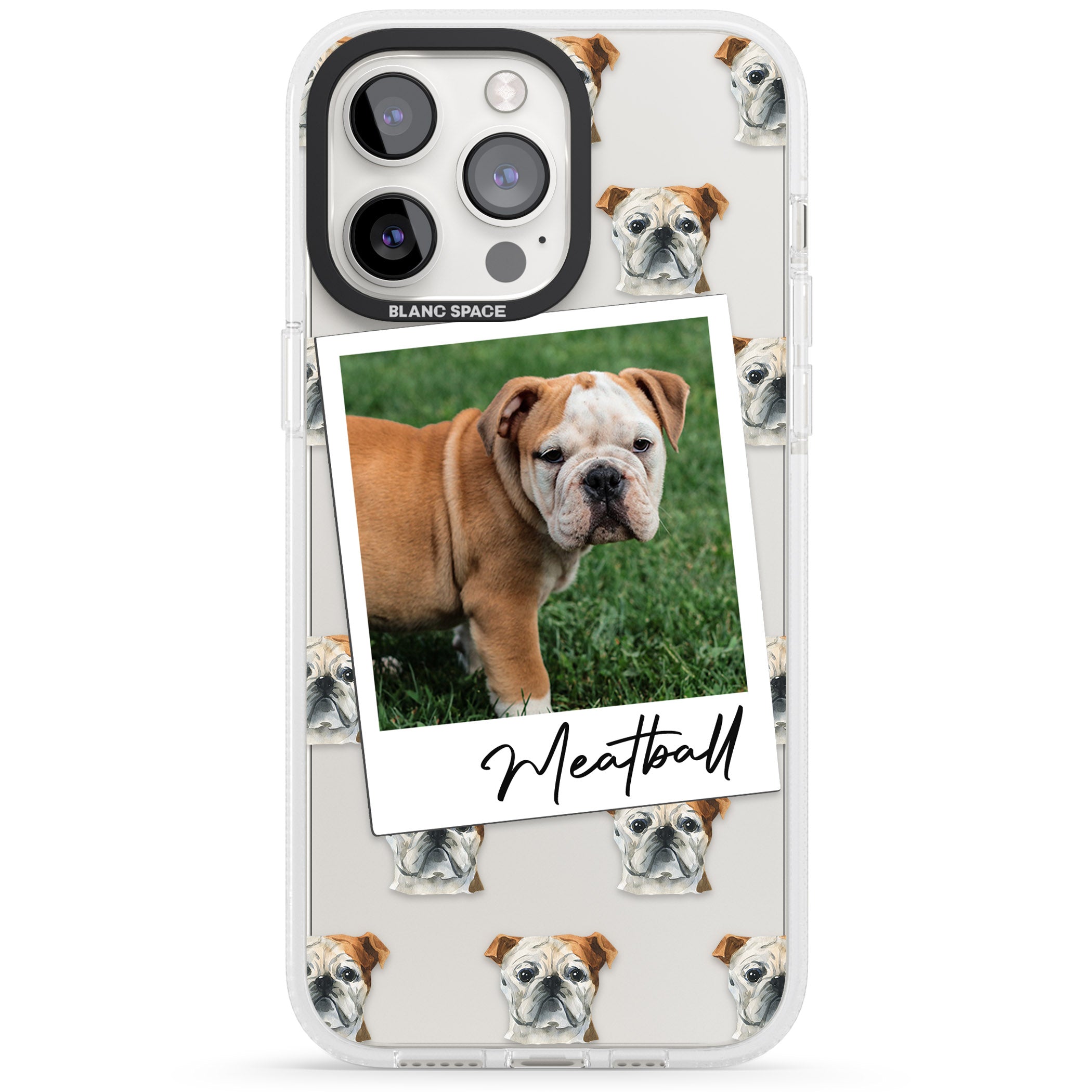 Personalised English Bulldog - Dog Photo iPhone 15 Pro Max / 15 Pro / 14 Pro Max / 14 Pro / 13 Pro Clear Case Impact Air - Blanc Space