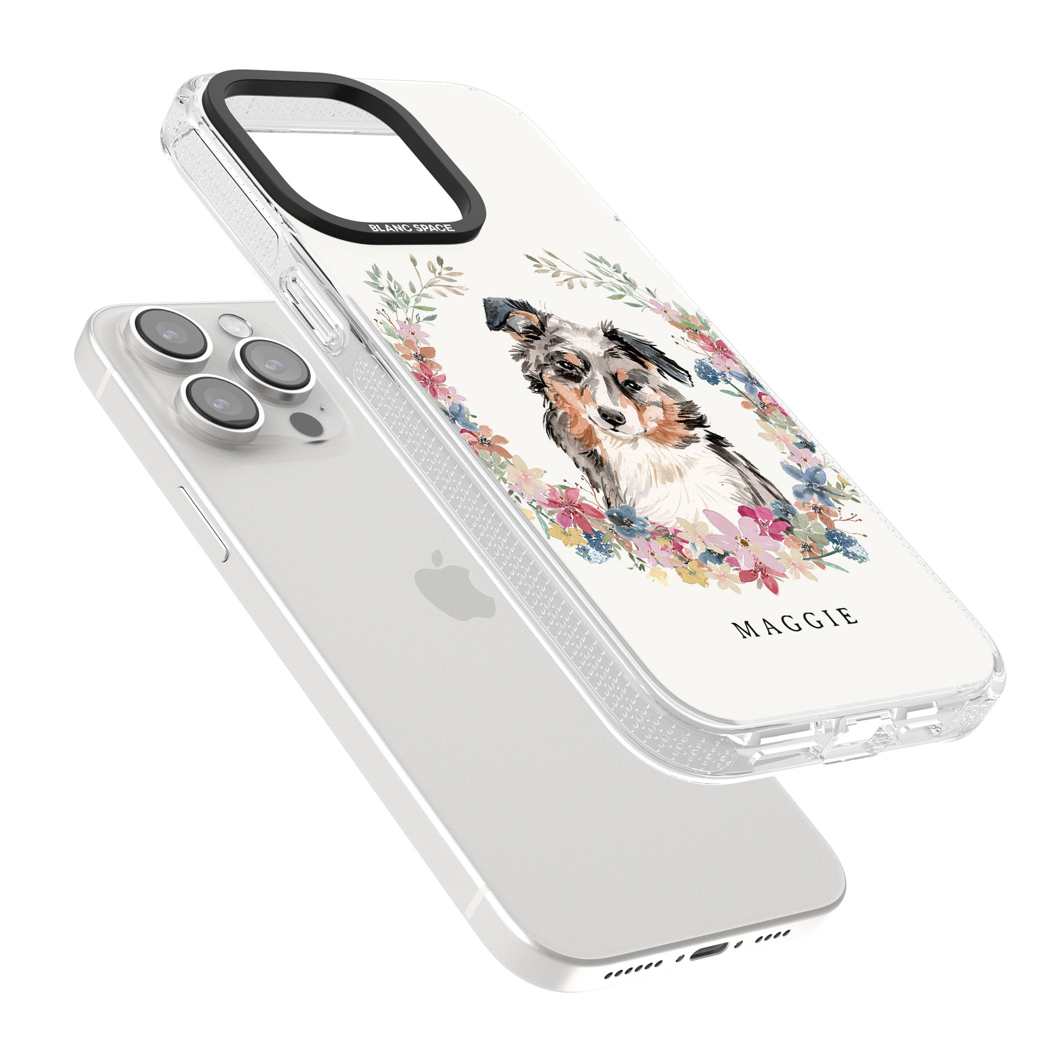 Personalised Australian Shepherd Watercolour Dog Portrait iPhone 15 Pro Max / 15 Pro / 14 Pro Max / 14 Pro / 13 Pro Clear Case Impact Air - Blanc Space