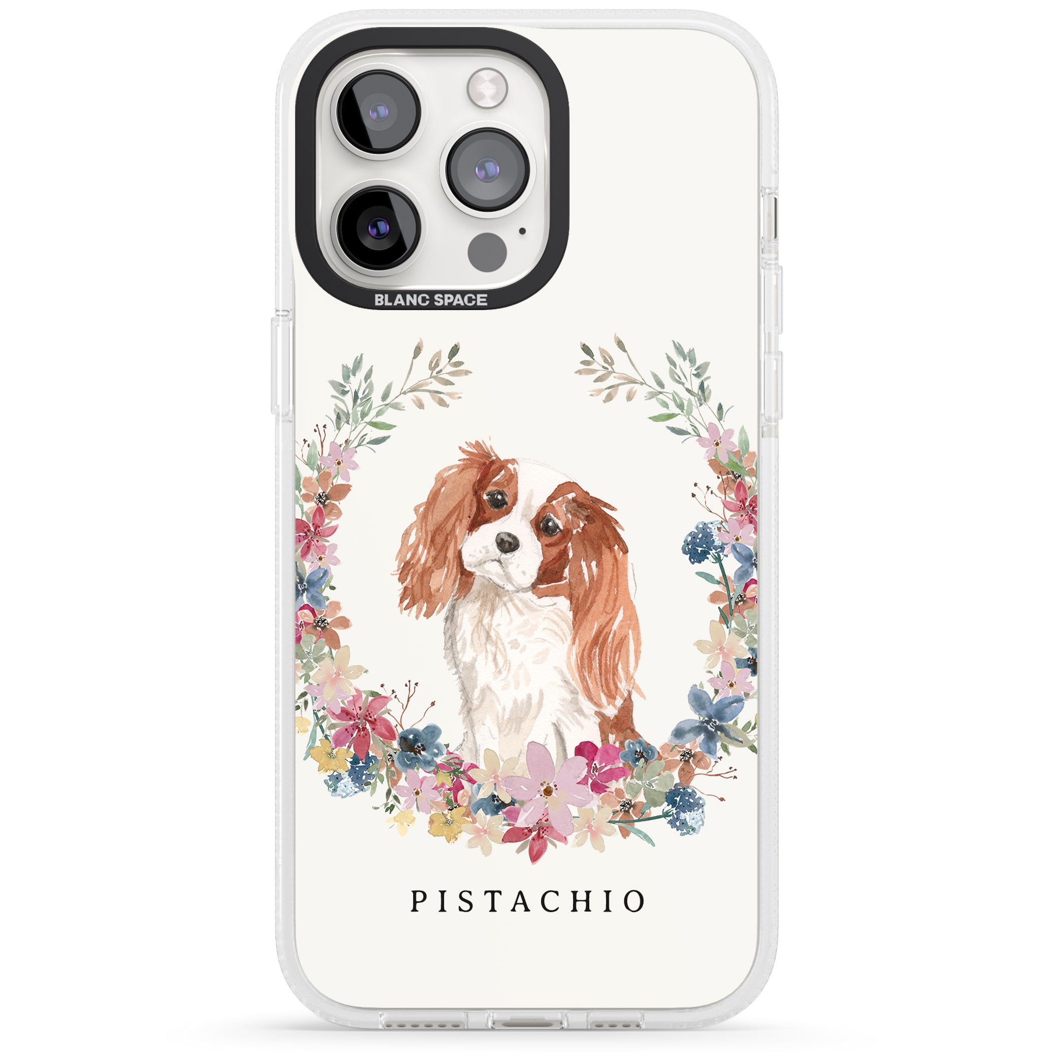 Personalised Cavalier King Charles Portrait Spaniel iPhone 15 Pro Max / 15 Pro / 14 Pro Max / 14 Pro / 13 Pro Clear Case Impact Air - Blanc Space