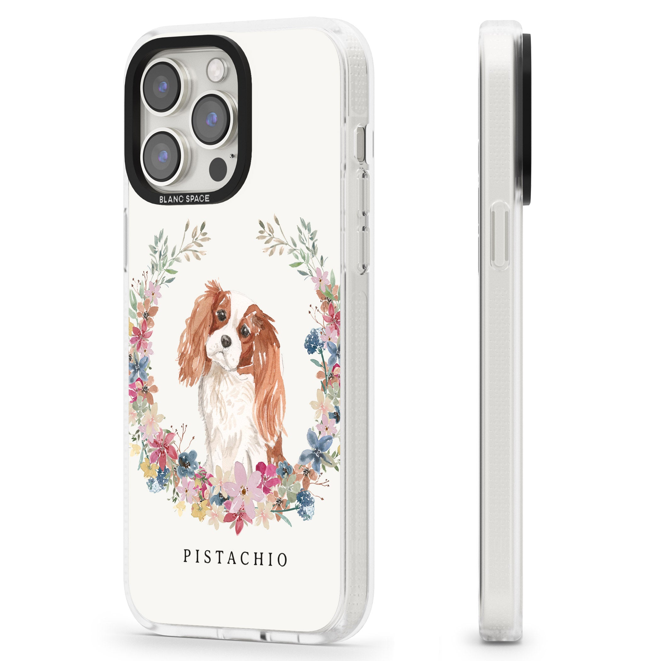 Personalised Cavalier King Charles Portrait Spaniel iPhone 15 Pro Max / 15 Pro / 14 Pro Max / 14 Pro / 13 Pro Clear Case Impact Air - Blanc Space
