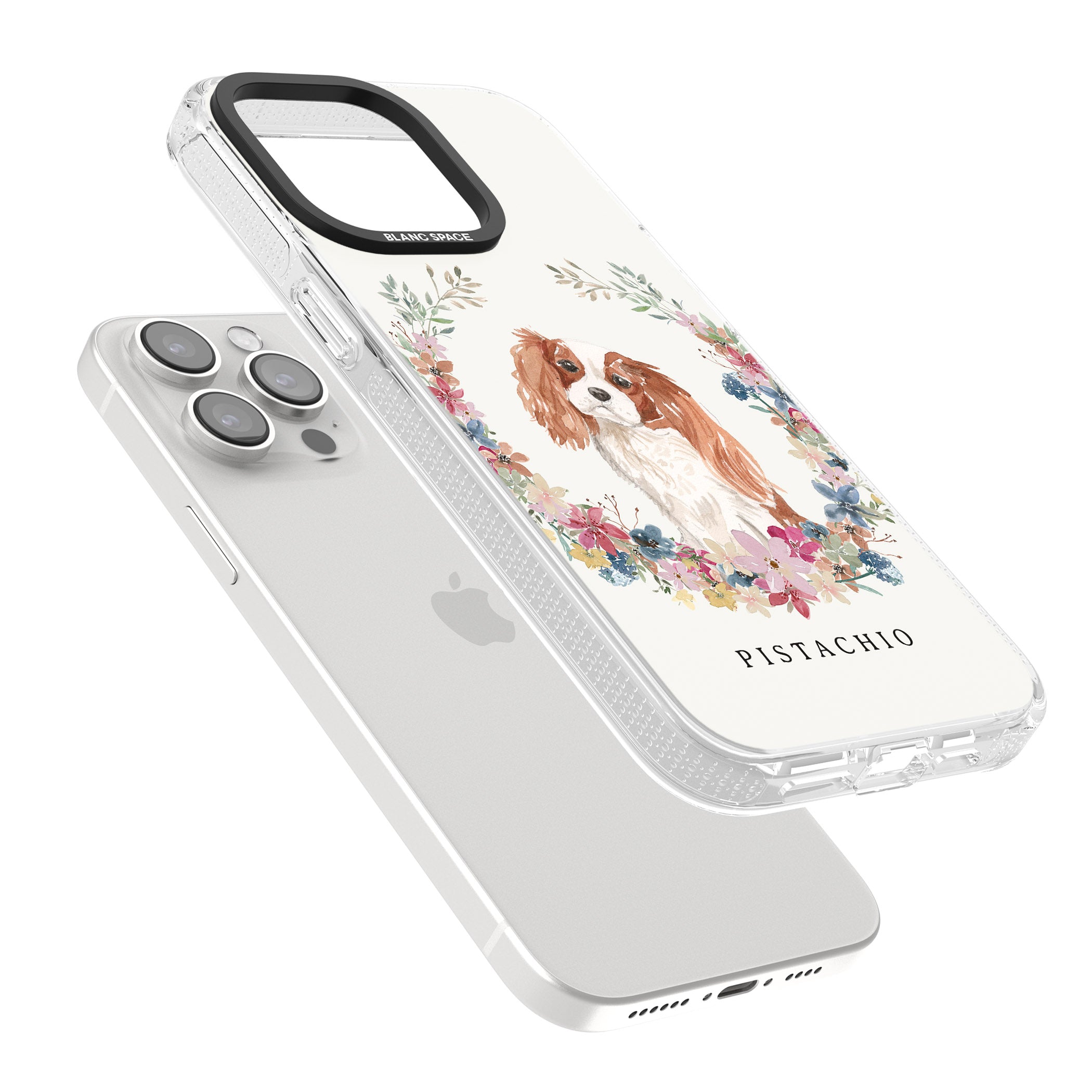 Personalised Cavalier King Charles Portrait Spaniel iPhone 15 Pro Max / 15 Pro / 14 Pro Max / 14 Pro / 13 Pro Clear Case Impact Air - Blanc Space