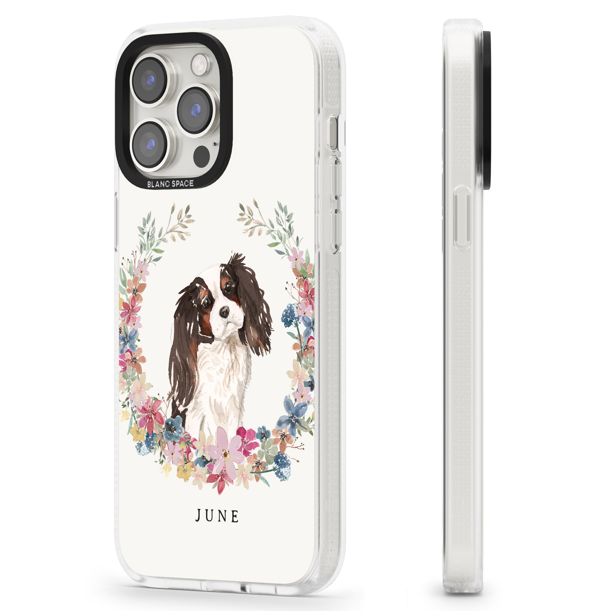 Personalised Tri Coloured King Charles Watercolour Dog Portrait iPhone 15 Pro Max / 15 Pro / 14 Pro Max / 14 Pro / 13 Pro Clear Case Impact Air - Blanc Space