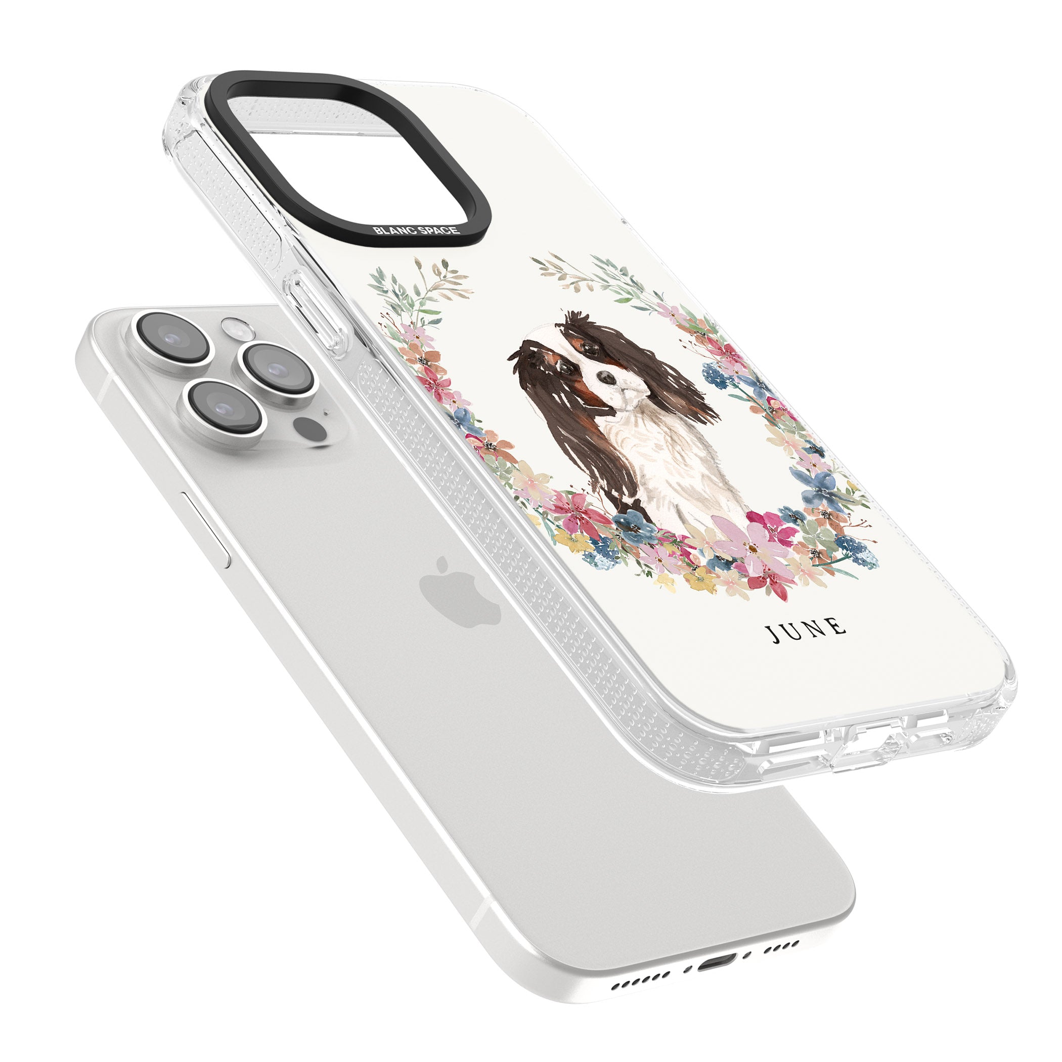 Personalised Tri Coloured King Charles Watercolour Dog Portrait iPhone 15 Pro Max / 15 Pro / 14 Pro Max / 14 Pro / 13 Pro Clear Case Impact Air - Blanc Space