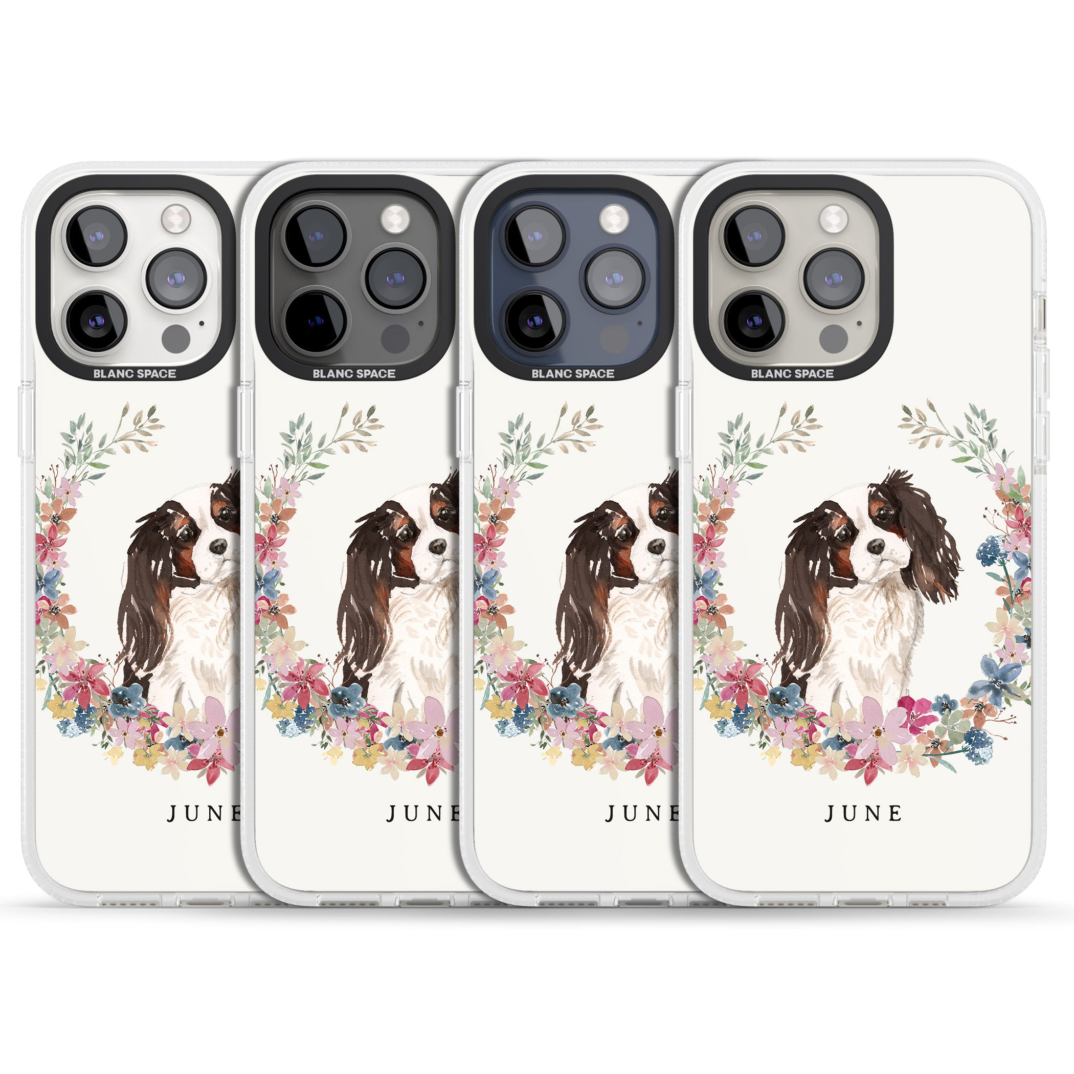 Personalised Tri Coloured King Charles Watercolour Dog Portrait iPhone 15 Pro Max / 15 Pro / 14 Pro Max / 14 Pro / 13 Pro Clear Case Impact Air - Blanc Space