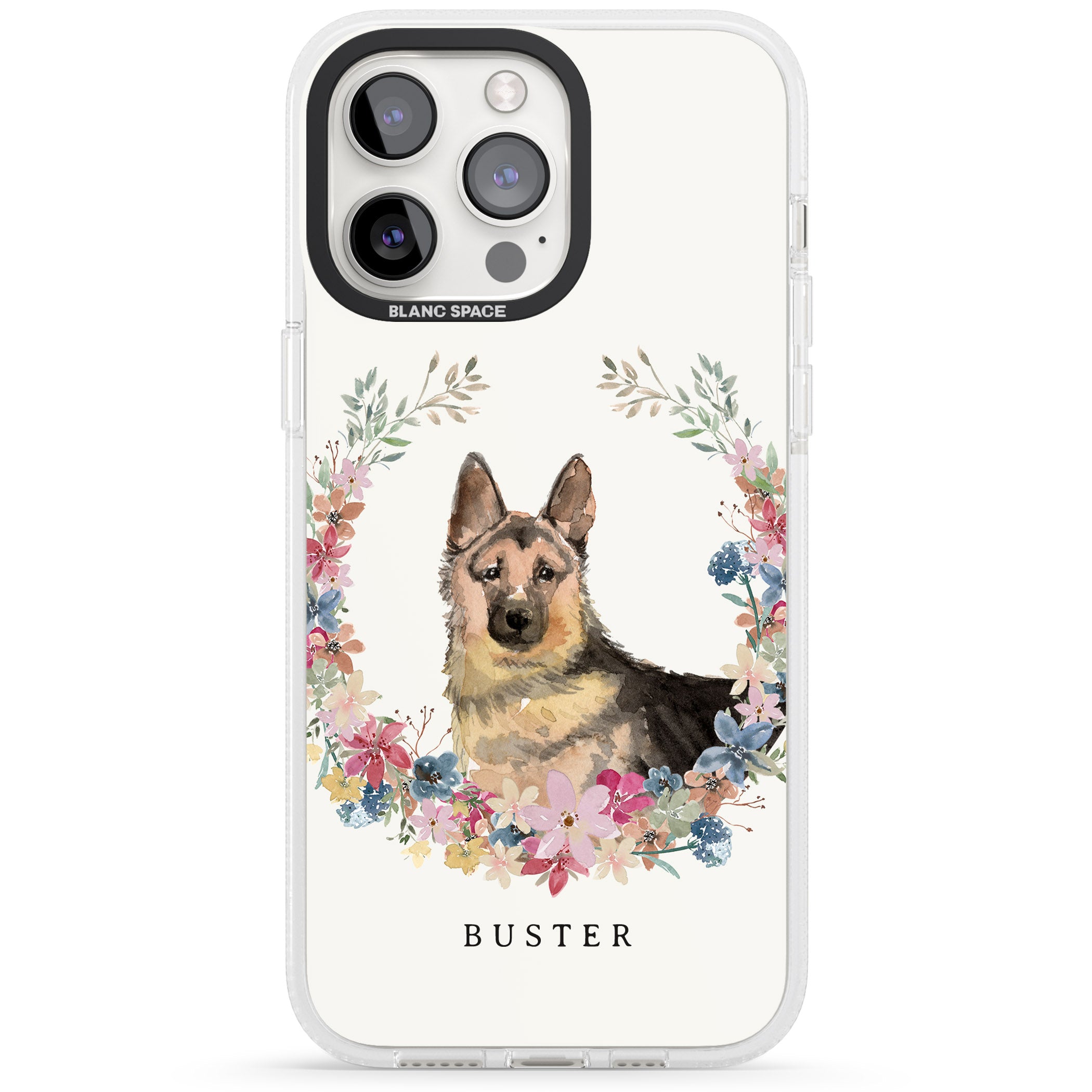 Personalised German Shepherd - Watercolour Dog Portrait iPhone 15 Pro Max / 15 Pro / 14 Pro Max / 14 Pro / 13 Pro Clear Case Impact Air - Blanc Space