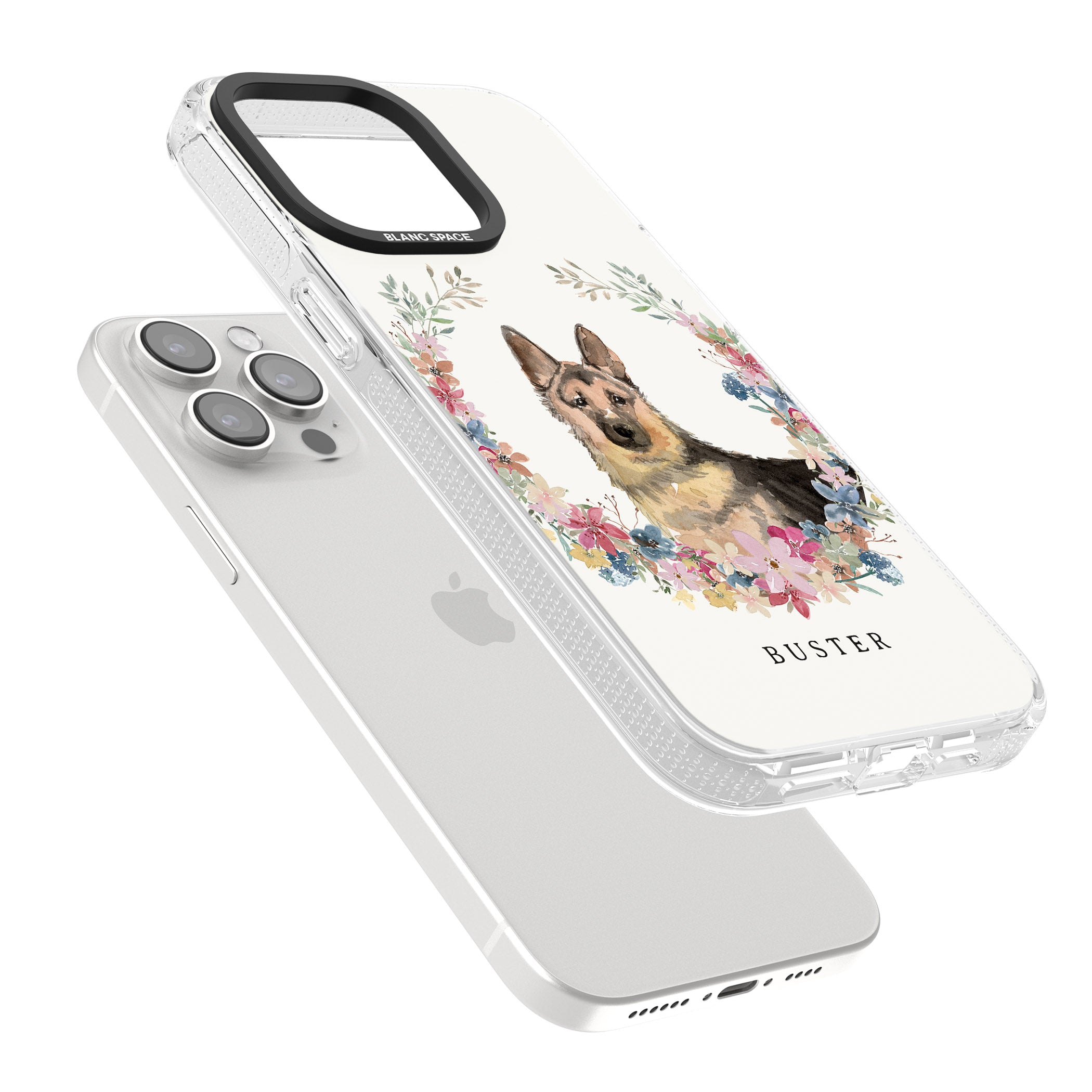 Personalised German Shepherd - Watercolour Dog Portrait iPhone 15 Pro Max / 15 Pro / 14 Pro Max / 14 Pro / 13 Pro Clear Case Impact Air - Blanc Space