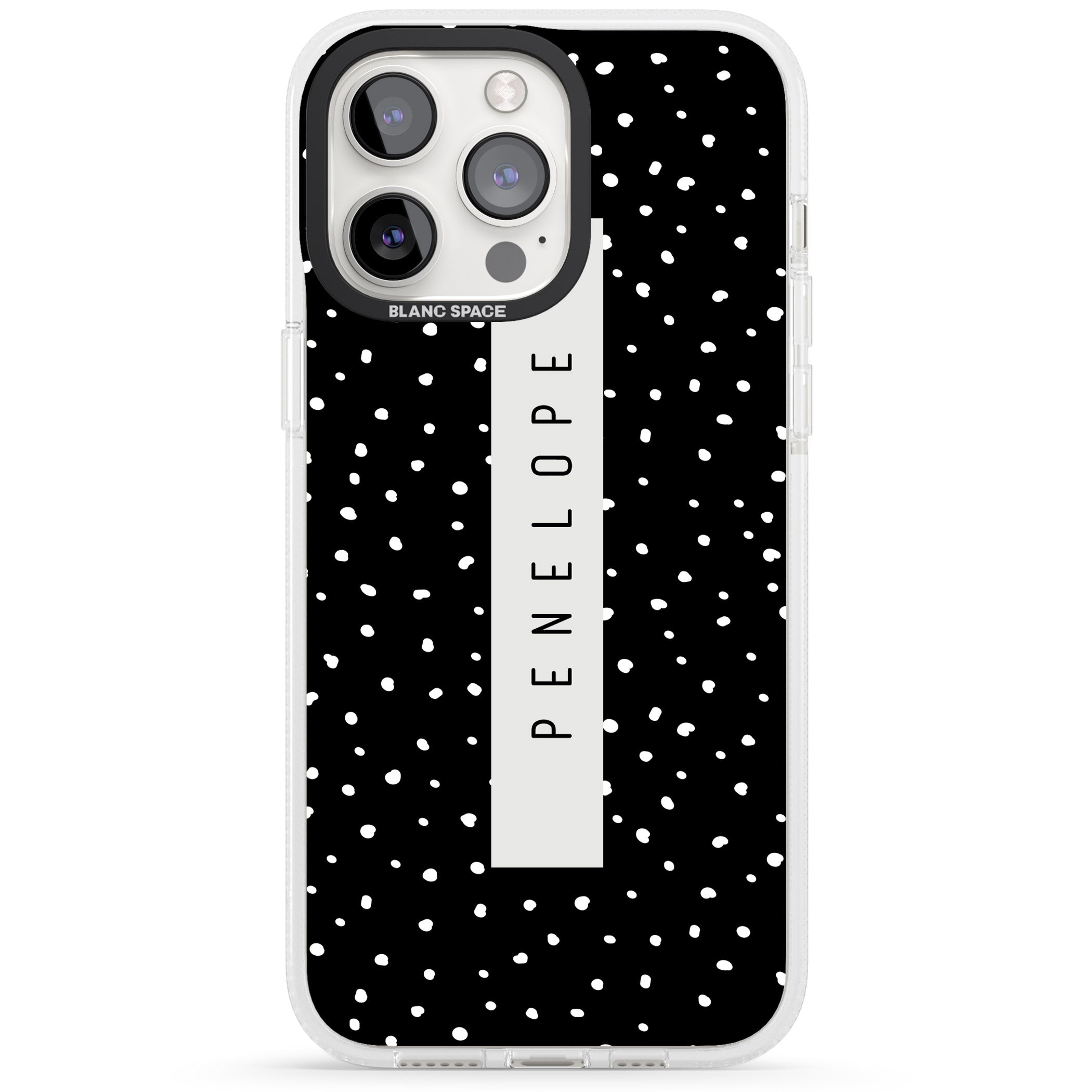 Personalised Black Dots iPhone 15 Pro Max / 15 Pro / 14 Pro Max / 14 Pro / 13 Pro Clear Case Impact Air - Blanc Space