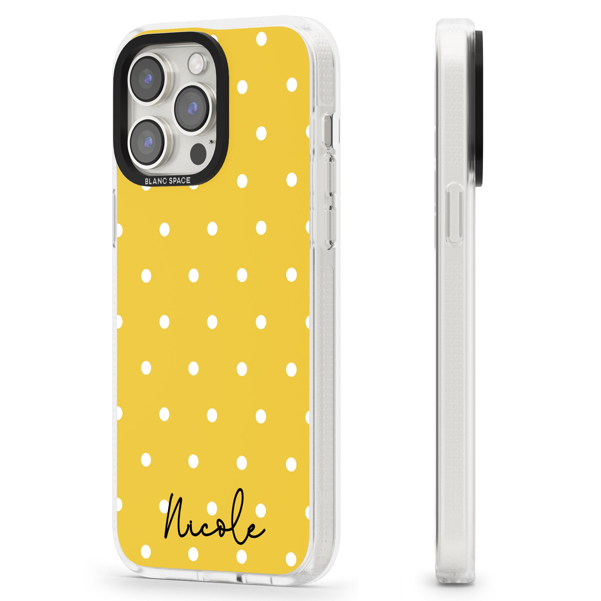 Personalised Yellow Polka Dot iPhone 15 Pro Max / 15 Pro / 14 Pro Max / 14 Pro / 13 Pro Clear Case Impact Air - Blanc Space