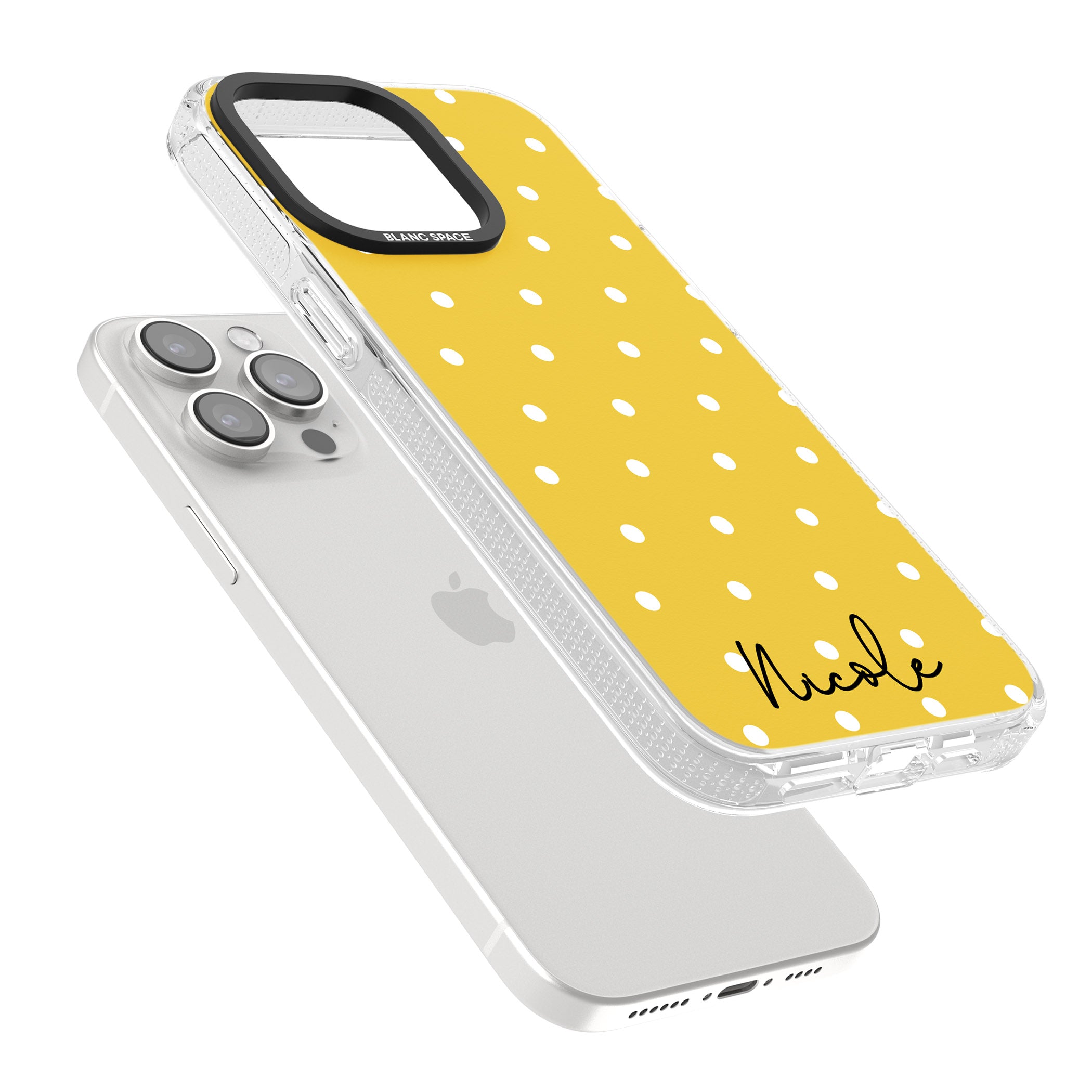Personalised Yellow Polka Dot iPhone 15 Pro Max / 15 Pro / 14 Pro Max / 14 Pro / 13 Pro Clear Case Impact Air - Blanc Space