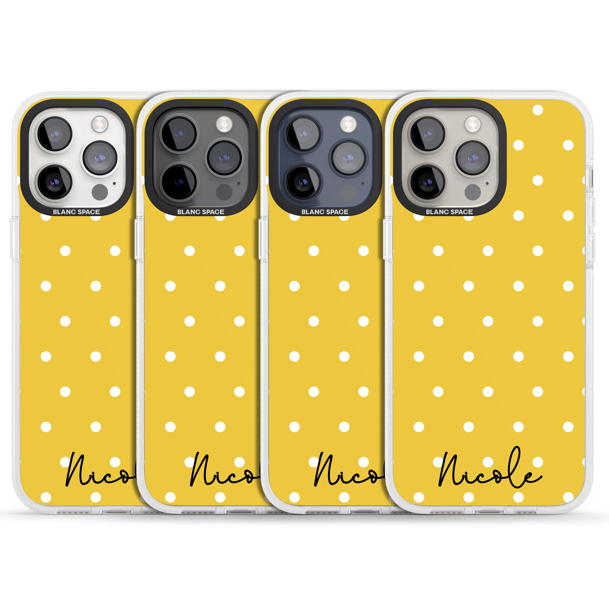 Personalised Yellow Polka Dot iPhone 15 Pro Max / 15 Pro / 14 Pro Max / 14 Pro / 13 Pro Clear Case Impact Air - Blanc Space