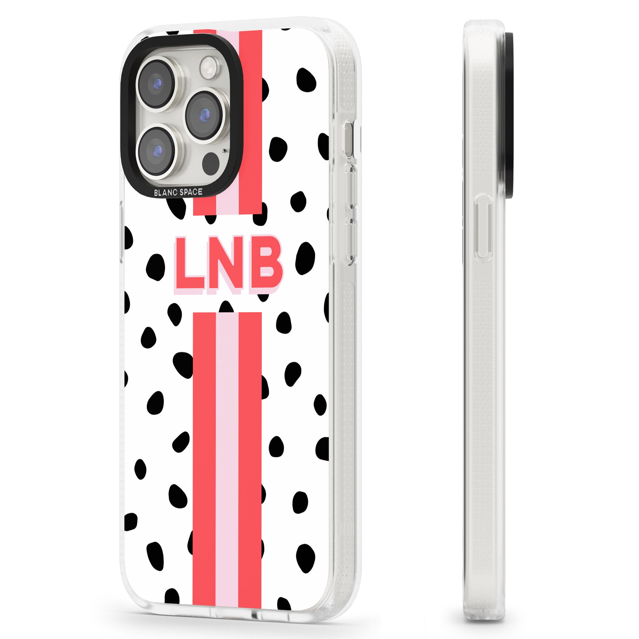 Personalised Polka & Pink Stripe iPhone 15 Pro Max / 15 Pro / 14 Pro Max / 14 Pro / 13 Pro Clear Case Impact Air - Blanc Space