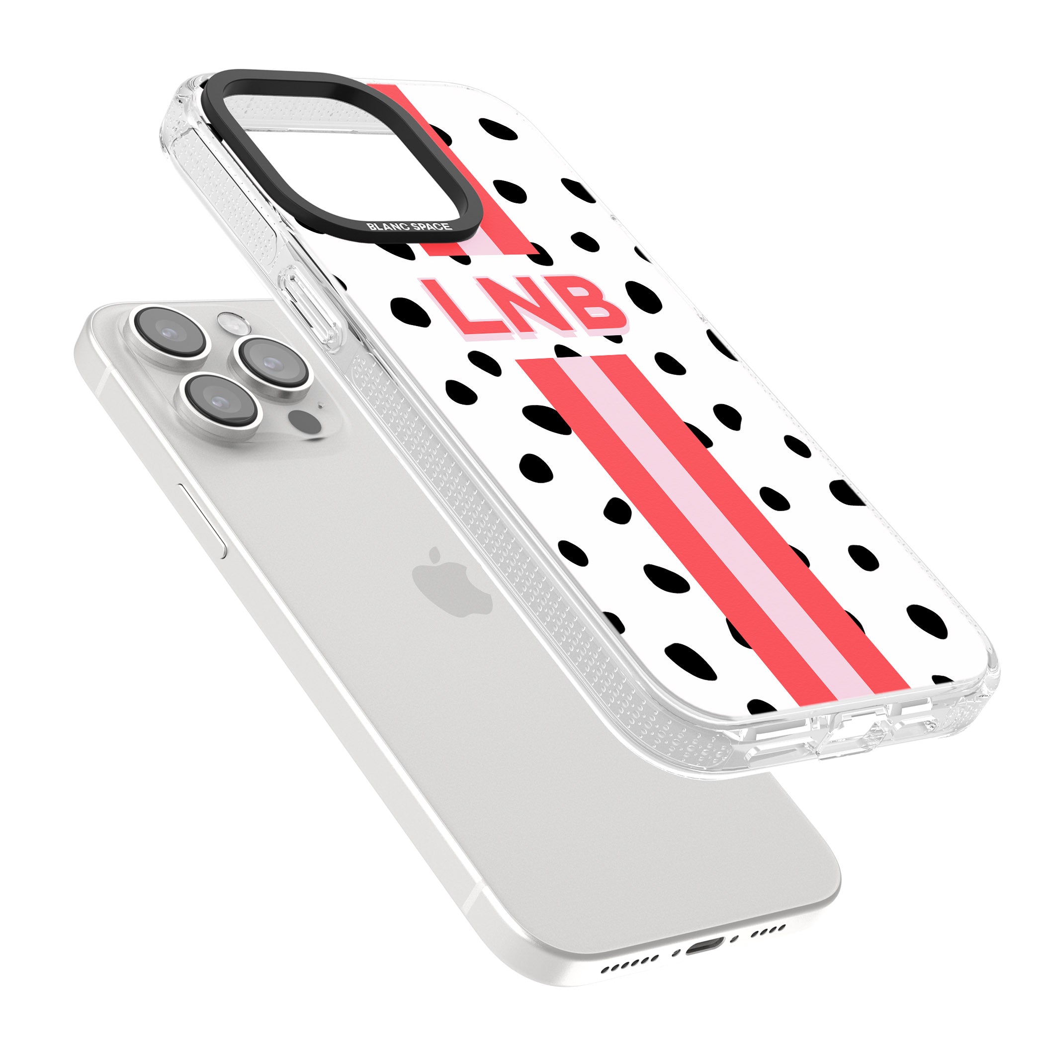 Personalised Polka & Pink Stripe iPhone 15 Pro Max / 15 Pro / 14 Pro Max / 14 Pro / 13 Pro Clear Case Impact Air - Blanc Space