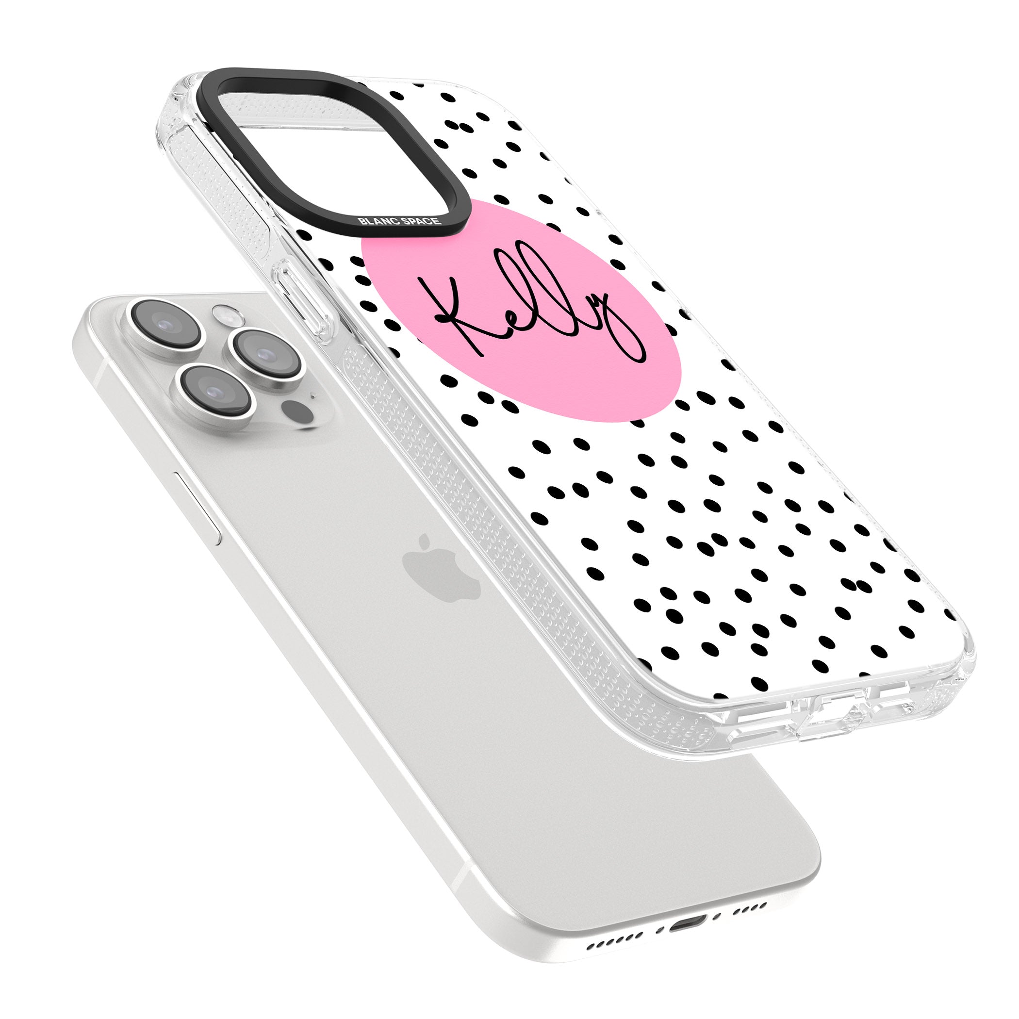 Personalised Pink Circle & Dots iPhone 15 Pro Max / 15 Pro / 14 Pro Max / 14 Pro / 13 Pro Clear Case Impact Air - Blanc Space