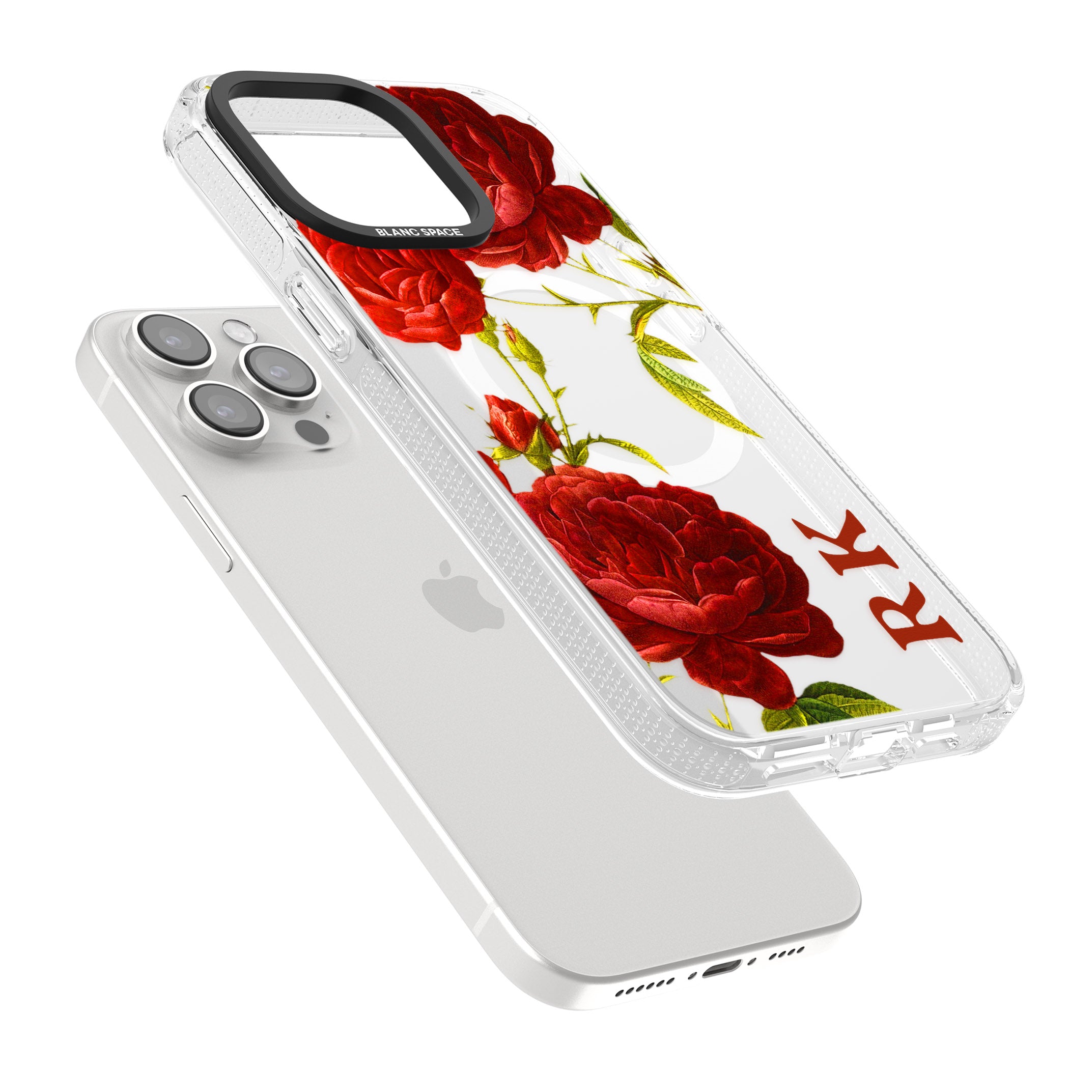 Personalised Clear Vintage Floral Red Roses iPhone 15 Pro Max / 15 Pro / 14 Pro Max / 14 Pro / 13 Pro Clear Case Impact Air - Blanc Space