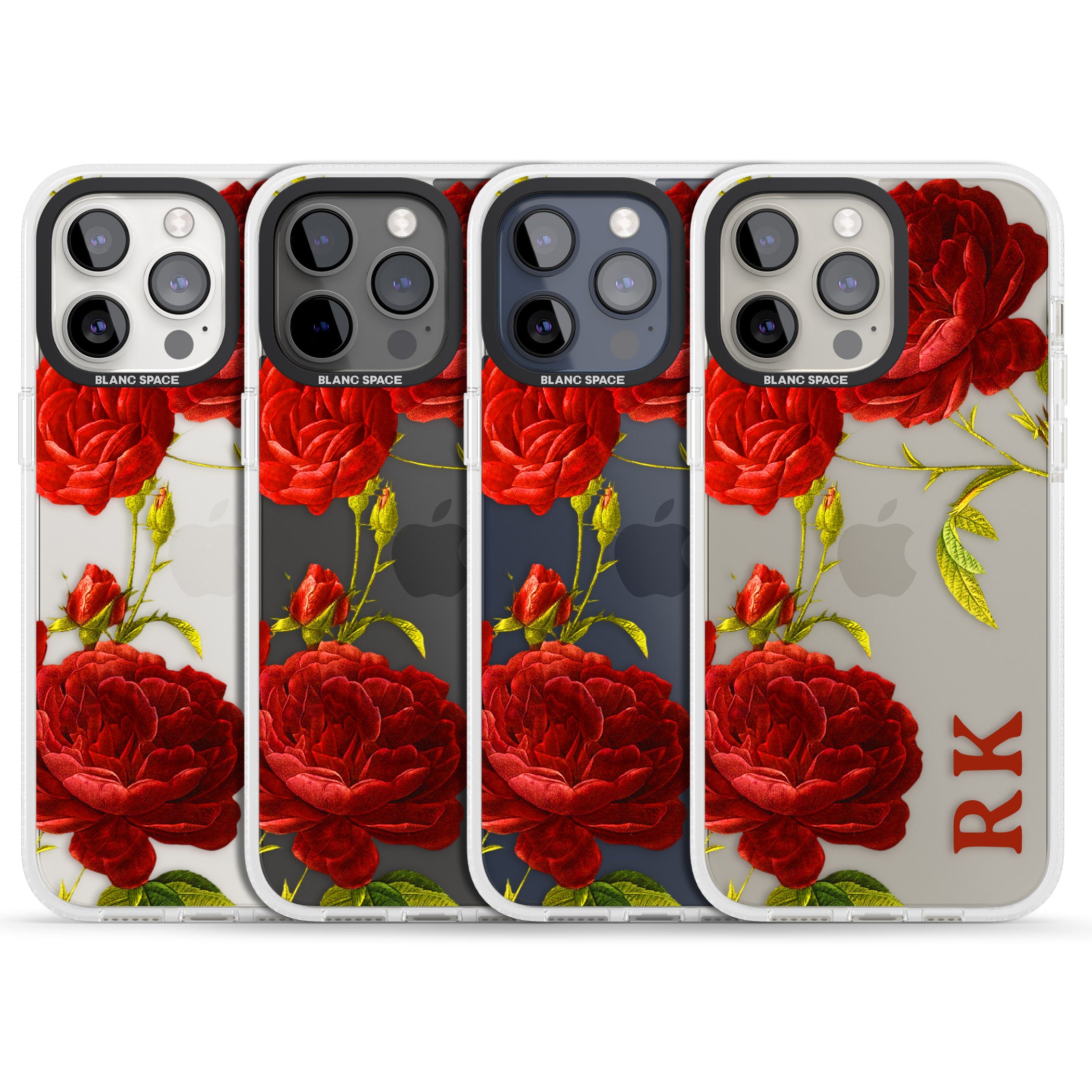 Personalised Clear Vintage Floral Red Roses iPhone 15 Pro Max / 15 Pro / 14 Pro Max / 14 Pro / 13 Pro Clear Case Impact Air - Blanc Space