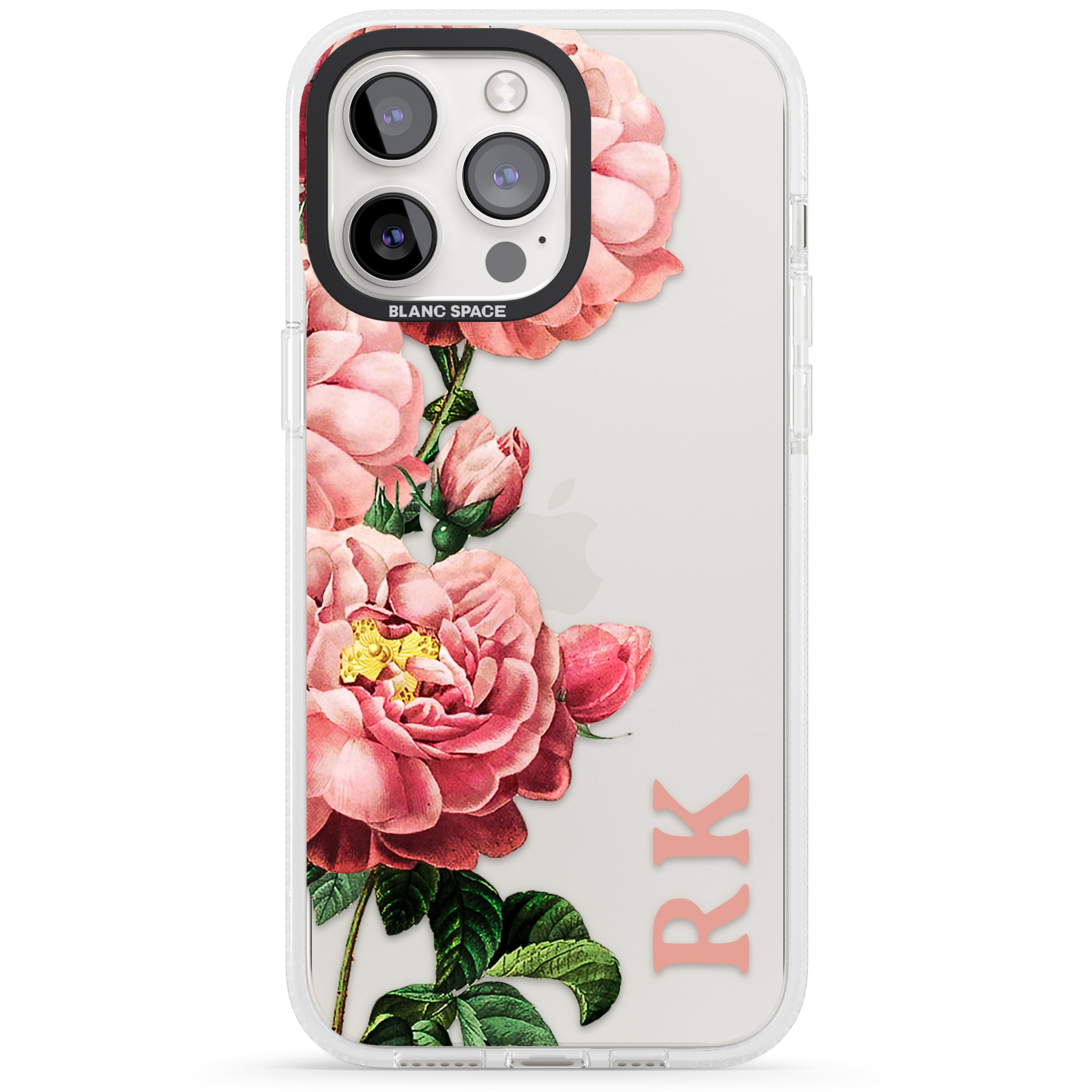 Personalised Clear Vintage Floral Pink Peonies iPhone 15 Pro Max / 15 Pro / 14 Pro Max / 14 Pro / 13 Pro Clear Case Impact Air - Blanc Space