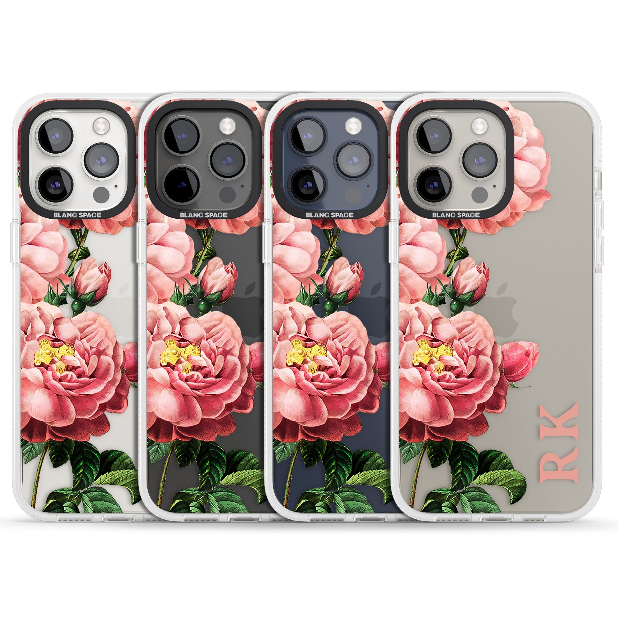 Personalised Clear Vintage Floral Pink Peonies iPhone 15 Pro Max / 15 Pro / 14 Pro Max / 14 Pro / 13 Pro Clear Case Impact Air - Blanc Space