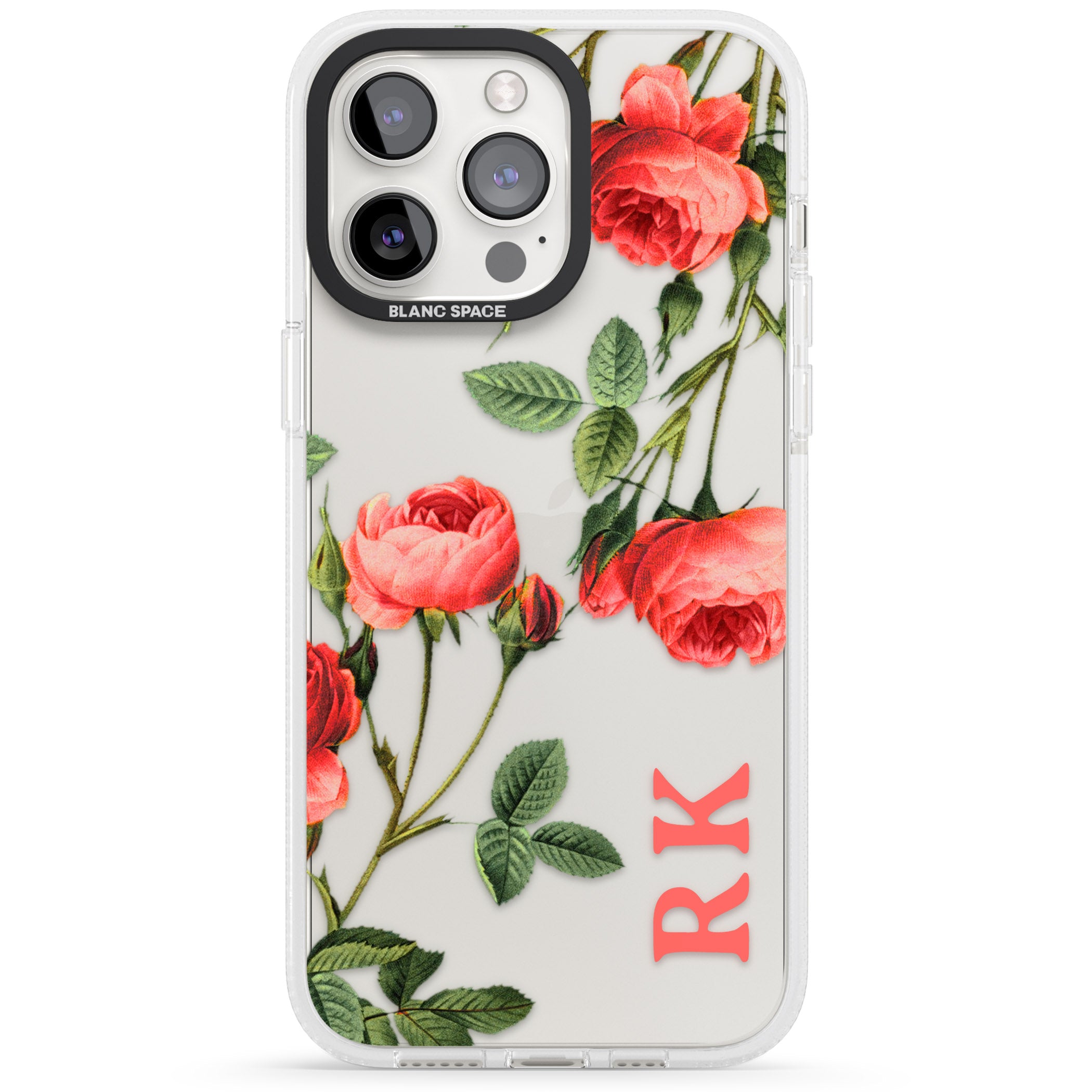 Personalised Clear Vintage Floral Pink Roses iPhone 15 Pro Max / 15 Pro / 14 Pro Max / 14 Pro / 13 Pro Clear Case Impact Air - Blanc Space