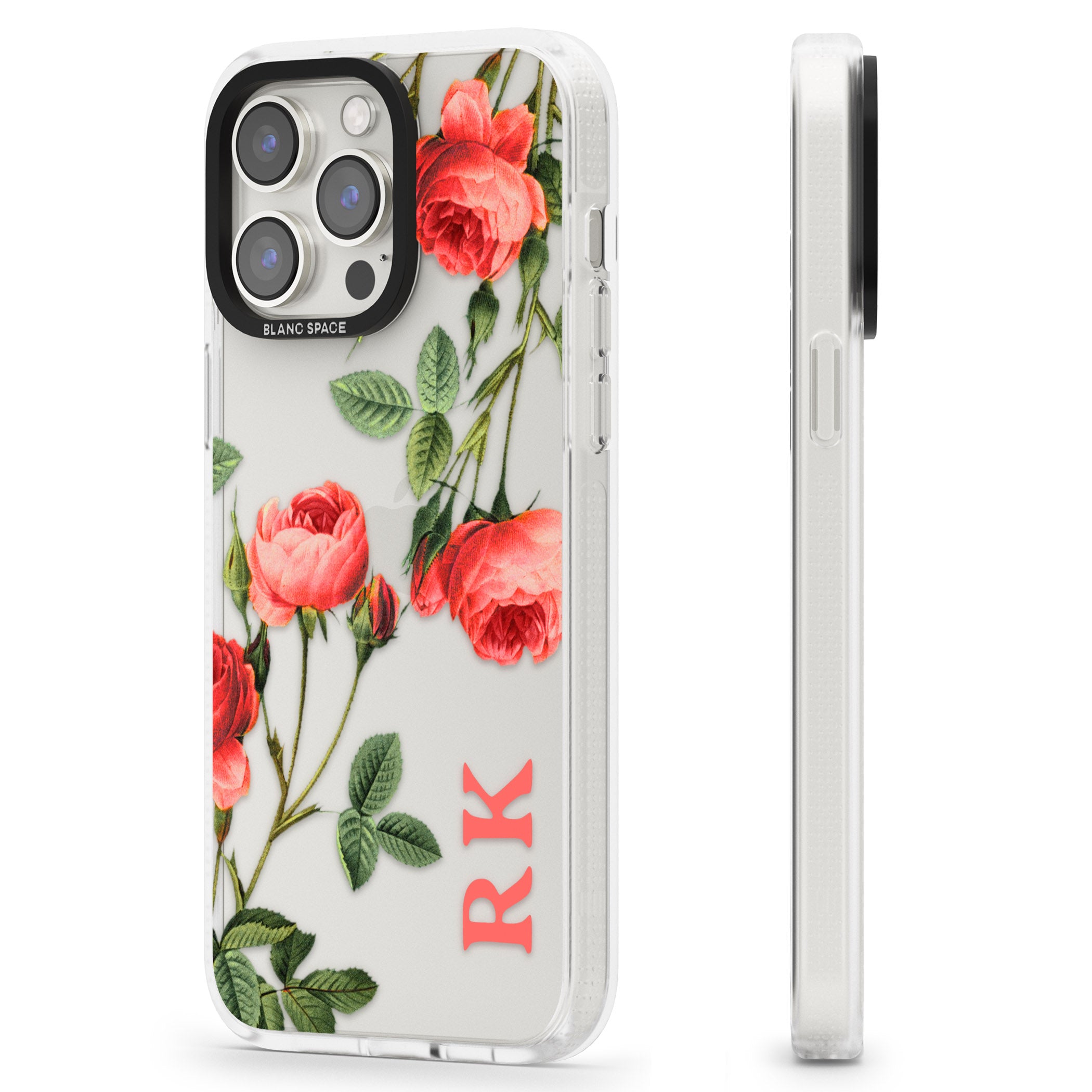 Personalised Clear Vintage Floral Pink Roses iPhone 15 Pro Max / 15 Pro / 14 Pro Max / 14 Pro / 13 Pro Clear Case Impact Air - Blanc Space