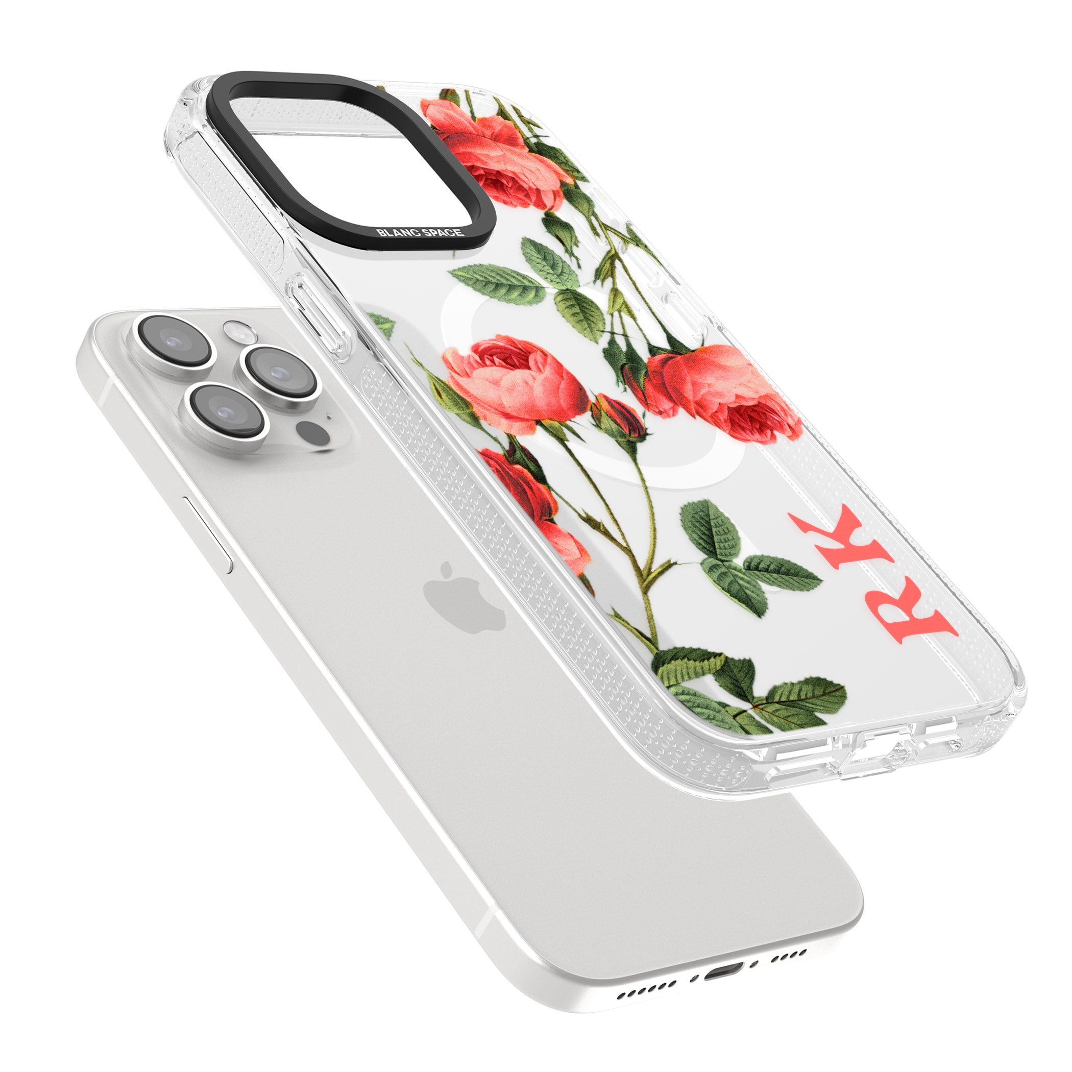 Personalised Clear Vintage Floral Pink Roses iPhone 15 Pro Max / 15 Pro / 14 Pro Max / 14 Pro / 13 Pro Clear Case Impact Air - Blanc Space
