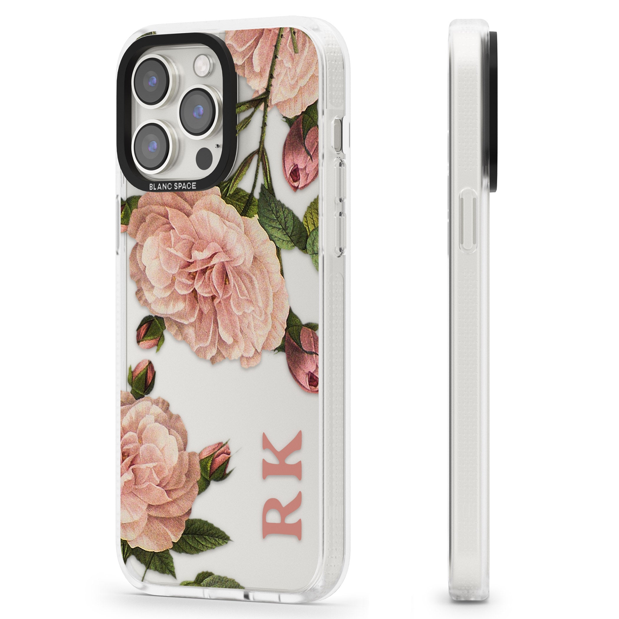 Personalised Clear Vintage Floral Pale Pink Peonies iPhone 15 Pro Max / 15 Pro / 14 Pro Max / 14 Pro / 13 Pro Clear Case Impact Air - Blanc Space