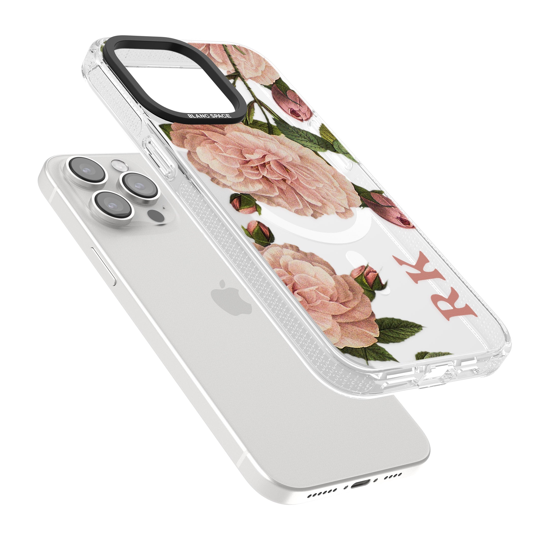 Personalised Clear Vintage Floral Pale Pink Peonies iPhone 15 Pro Max / 15 Pro / 14 Pro Max / 14 Pro / 13 Pro Clear Case Impact Air - Blanc Space