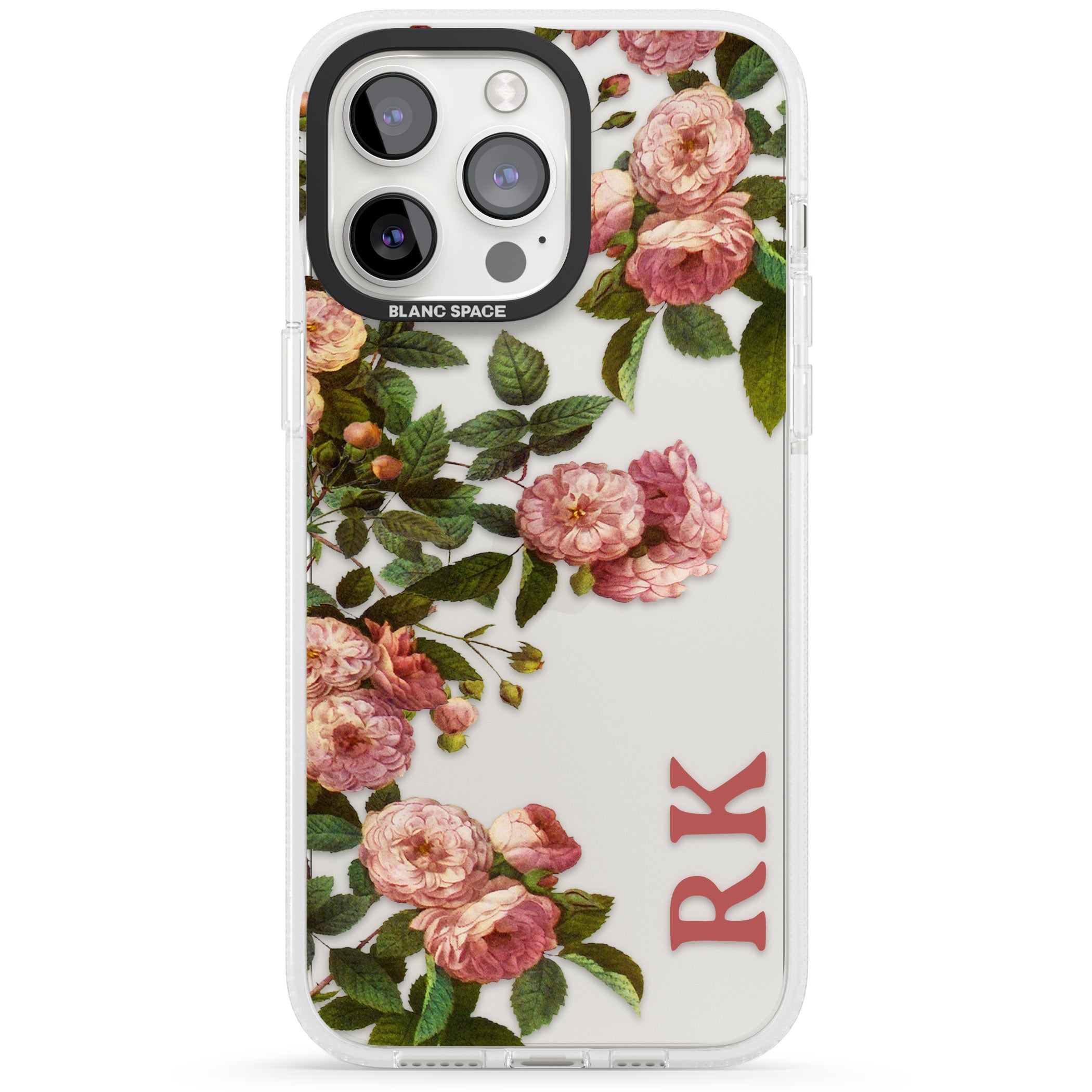Personalised Clear Vintage Floral Pink Garden Roses iPhone 15 Pro Max / 15 Pro / 14 Pro Max / 14 Pro / 13 Pro Clear Case Impact Air - Blanc Space