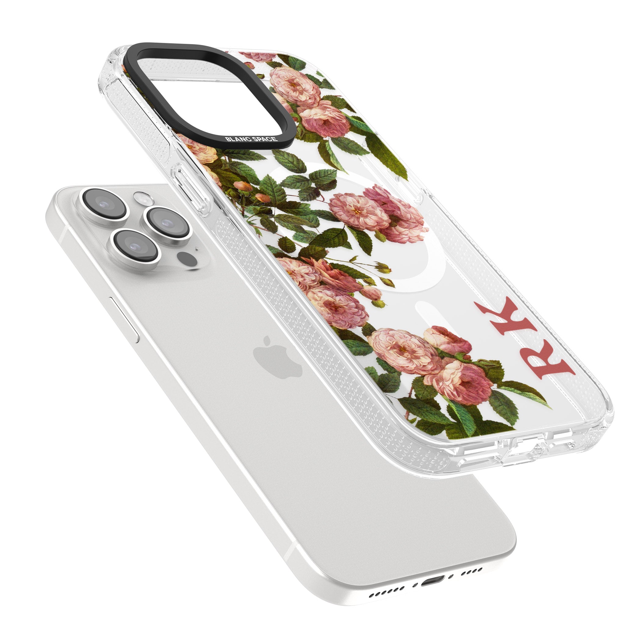Personalised Clear Vintage Floral Pink Garden Roses iPhone 15 Pro Max / 15 Pro / 14 Pro Max / 14 Pro / 13 Pro Clear Case Impact Air - Blanc Space