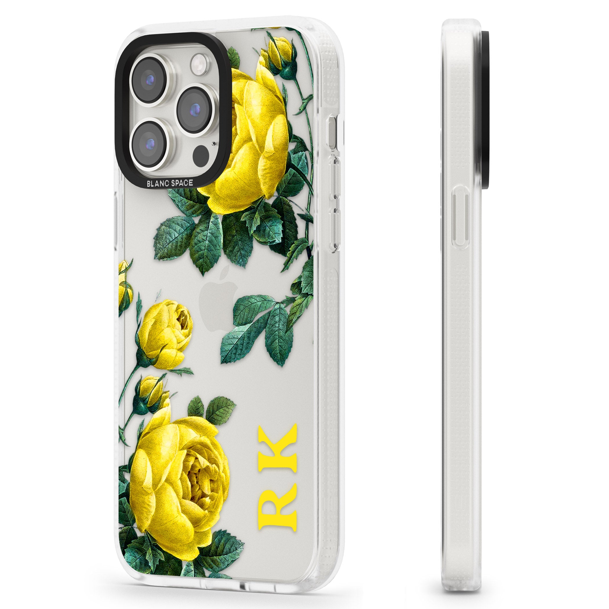 Personalised Clear Vintage Floral Yellow Roses iPhone 15 Pro Max / 15 Pro / 14 Pro Max / 14 Pro / 13 Pro Clear Case Impact Air - Blanc Space