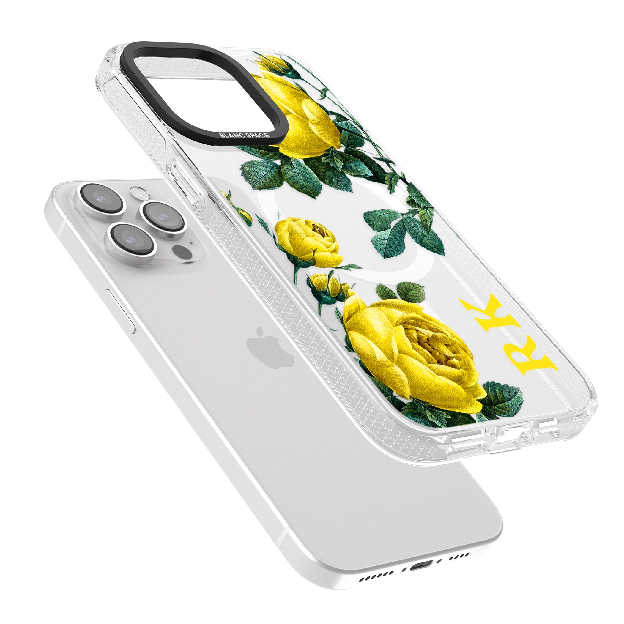 Personalised Clear Vintage Floral Yellow Roses iPhone 15 Pro Max / 15 Pro / 14 Pro Max / 14 Pro / 13 Pro Clear Case Impact Air - Blanc Space