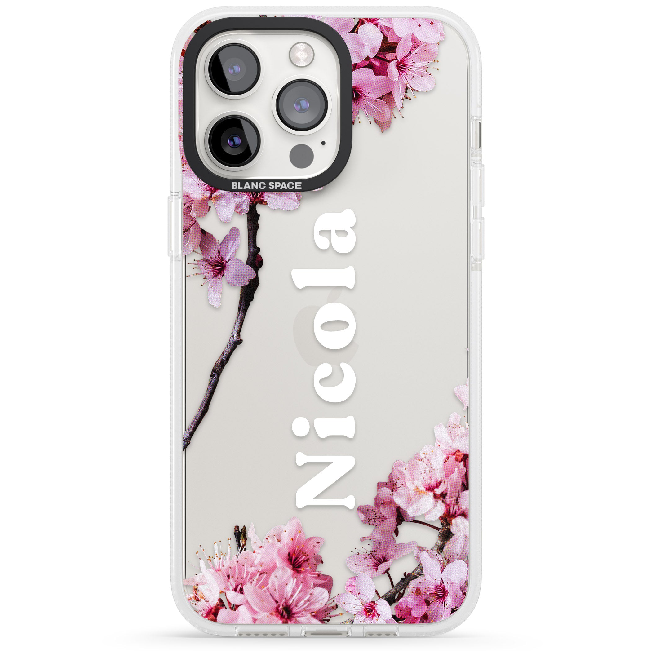 Personalised Cherry Blossoms with Text iPhone 15 Pro Max / 15 Pro / 14 Pro Max / 14 Pro / 13 Pro Clear Case Impact Air - Blanc Space