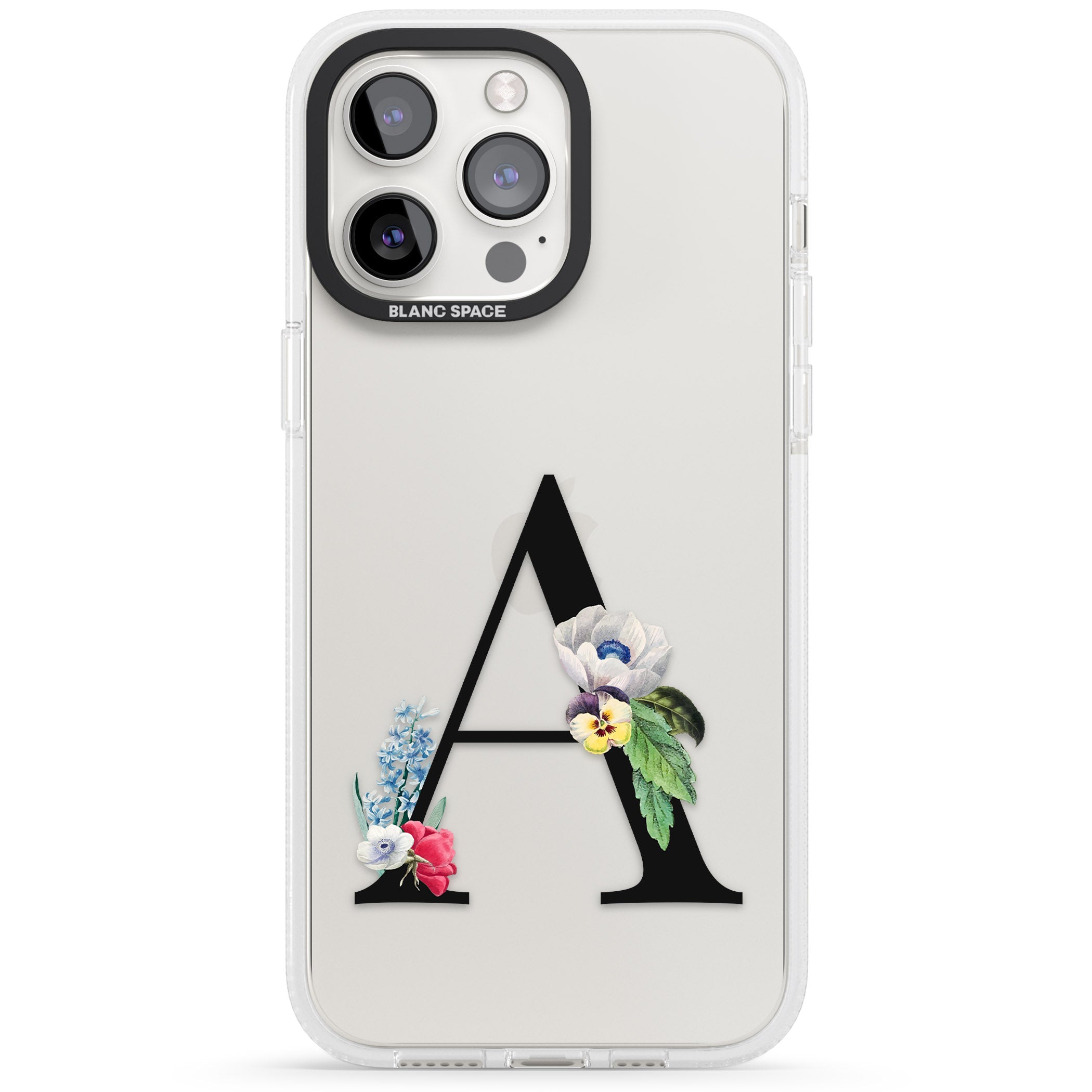 Personalised Floral Initial iPhone 15 Pro Max / 15 Pro / 14 Pro Max / 14 Pro / 13 Pro Clear Case Impact Air - Blanc Space