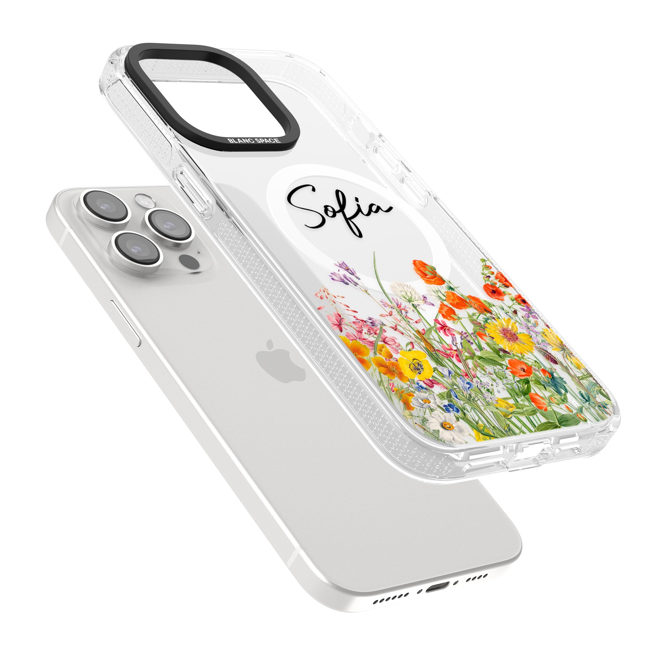 Personalised Summer Wildflowers iPhone 15 Pro Max / 15 Pro / 14 Pro Max / 14 Pro / 13 Pro Clear Case Impact Air - Blanc Space