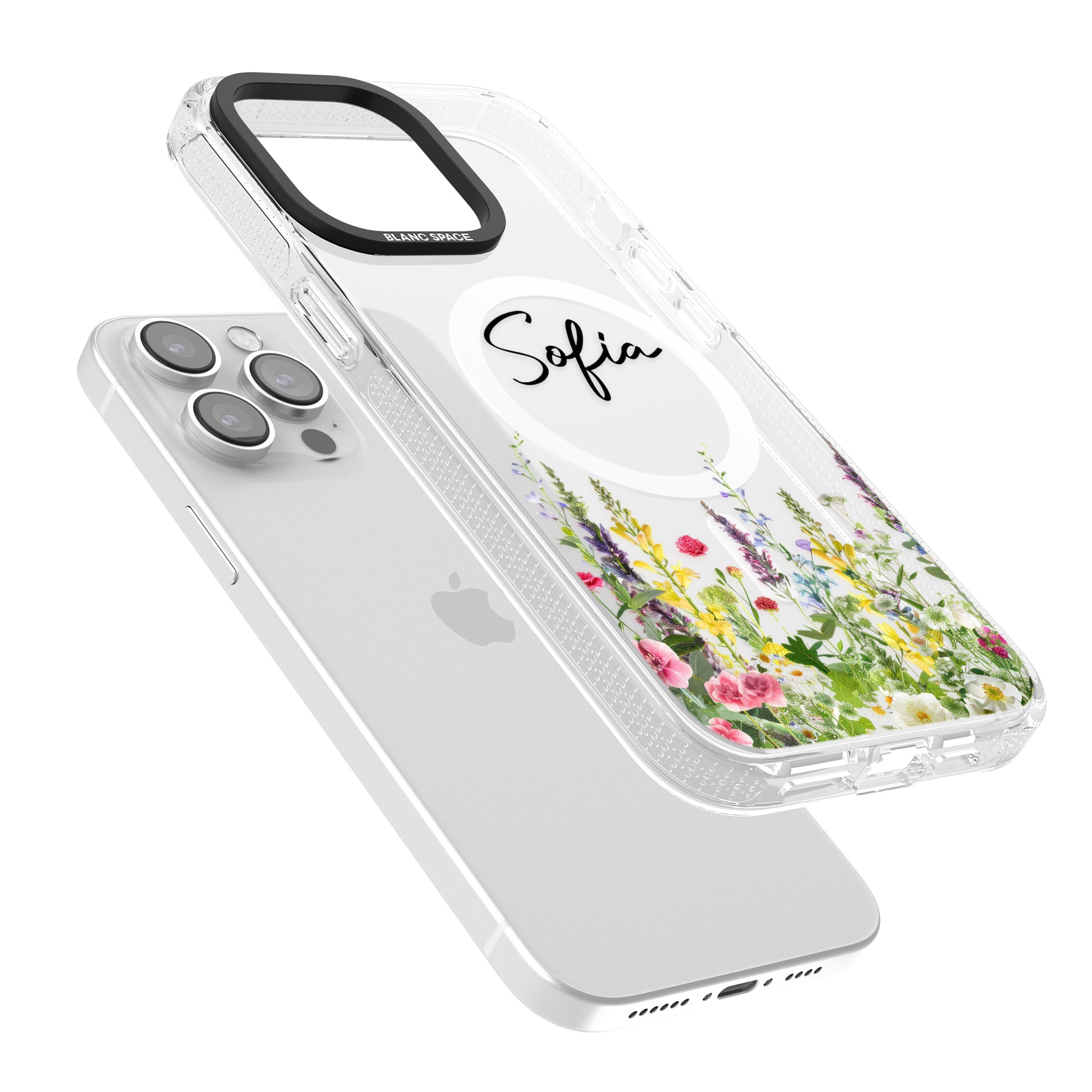 Personalised Garden Wildfowers iPhone 15 Pro Max / 15 Pro / 14 Pro Max / 14 Pro / 13 Pro Clear Case Impact Air - Blanc Space