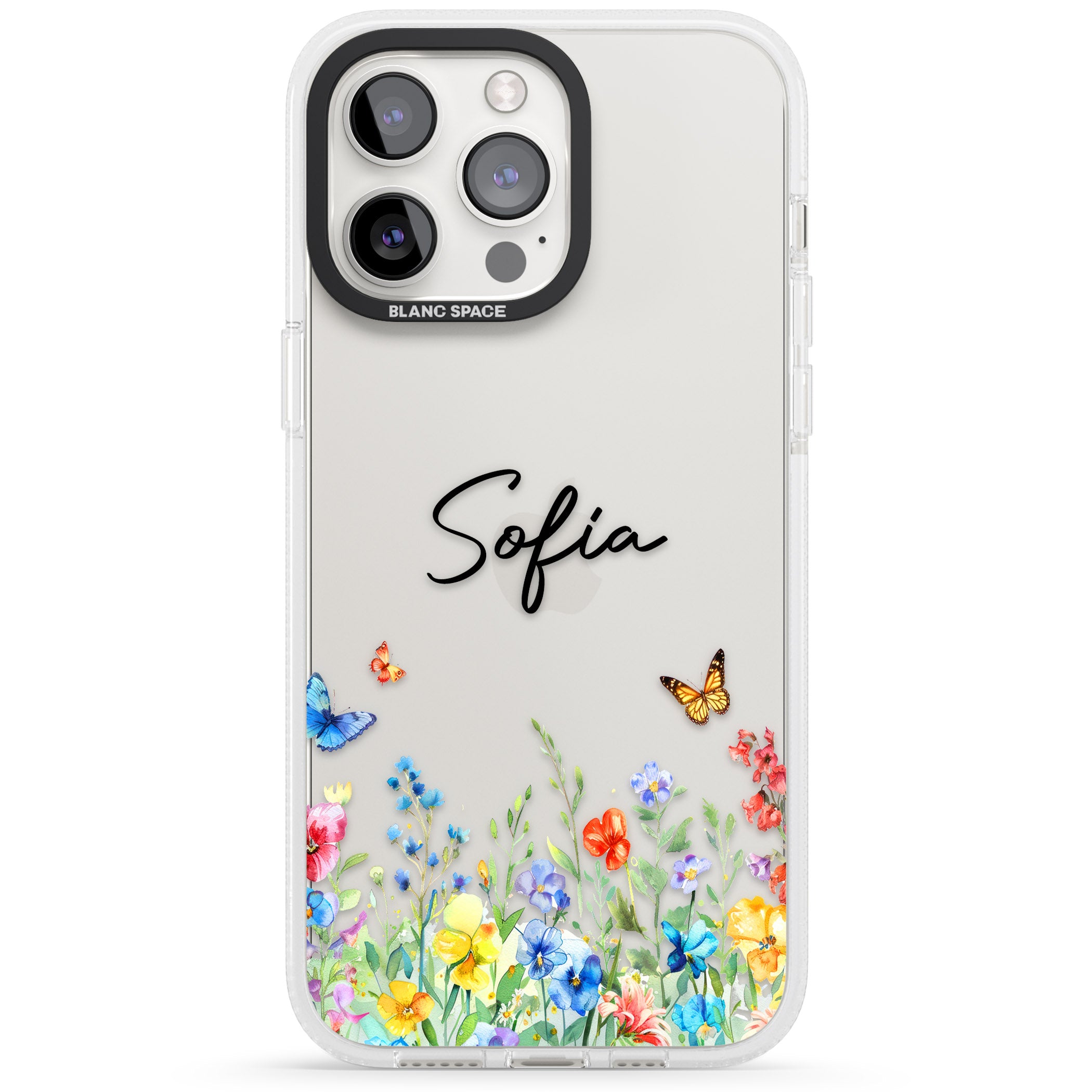 Personalised Butterflies & Wildflowers iPhone 15 Pro Max / 15 Pro / 14 Pro Max / 14 Pro / 13 Pro Clear Case Impact Air - Blanc Space