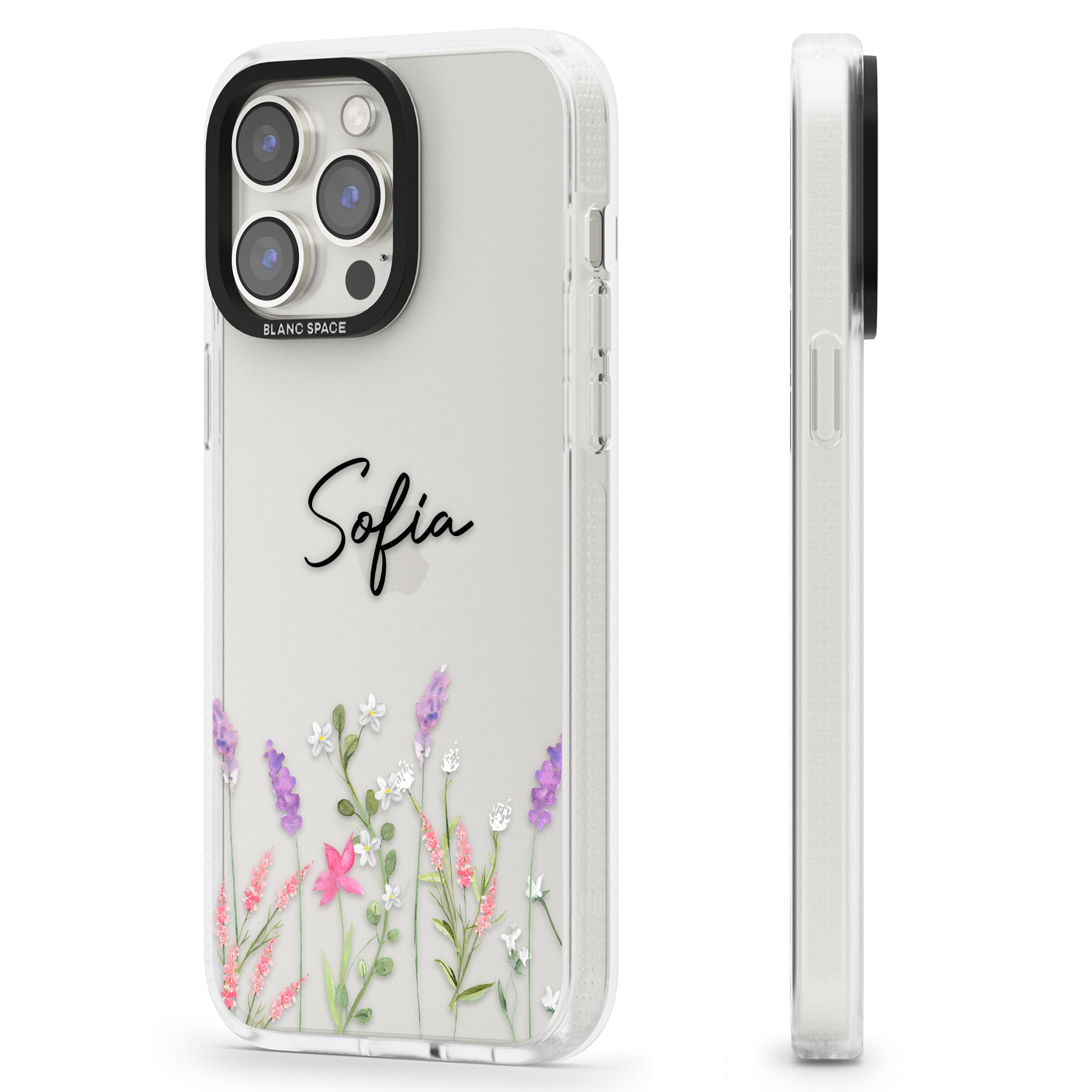 Personalised Lavender Wildflowers iPhone 15 Pro Max / 15 Pro / 14 Pro Max / 14 Pro / 13 Pro Clear Case Impact Air - Blanc Space