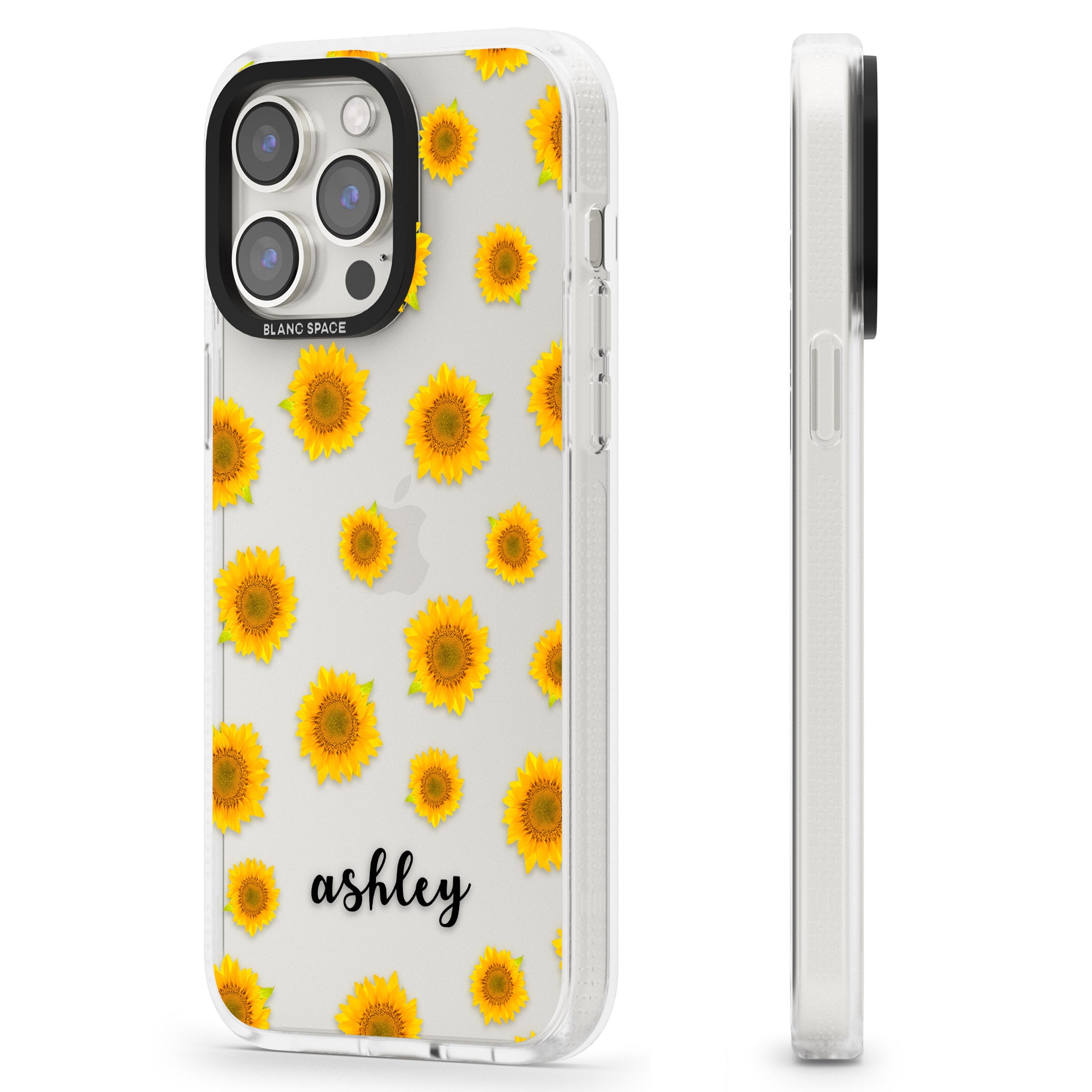 Personalised Sunflowers & Cursive iPhone 15 Pro Max / 15 Pro / 14 Pro Max / 14 Pro / 13 Pro Clear Case Impact Air - Blanc Space