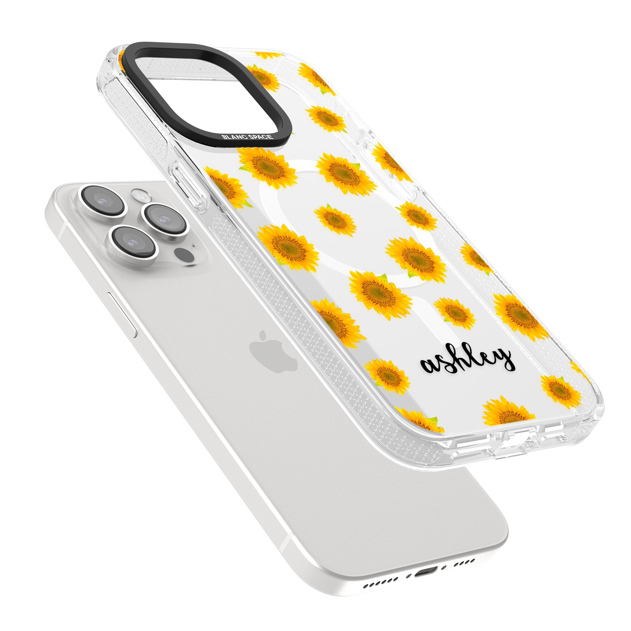 Personalised Sunflowers & Cursive iPhone 15 Pro Max / 15 Pro / 14 Pro Max / 14 Pro / 13 Pro Clear Case Impact Air - Blanc Space
