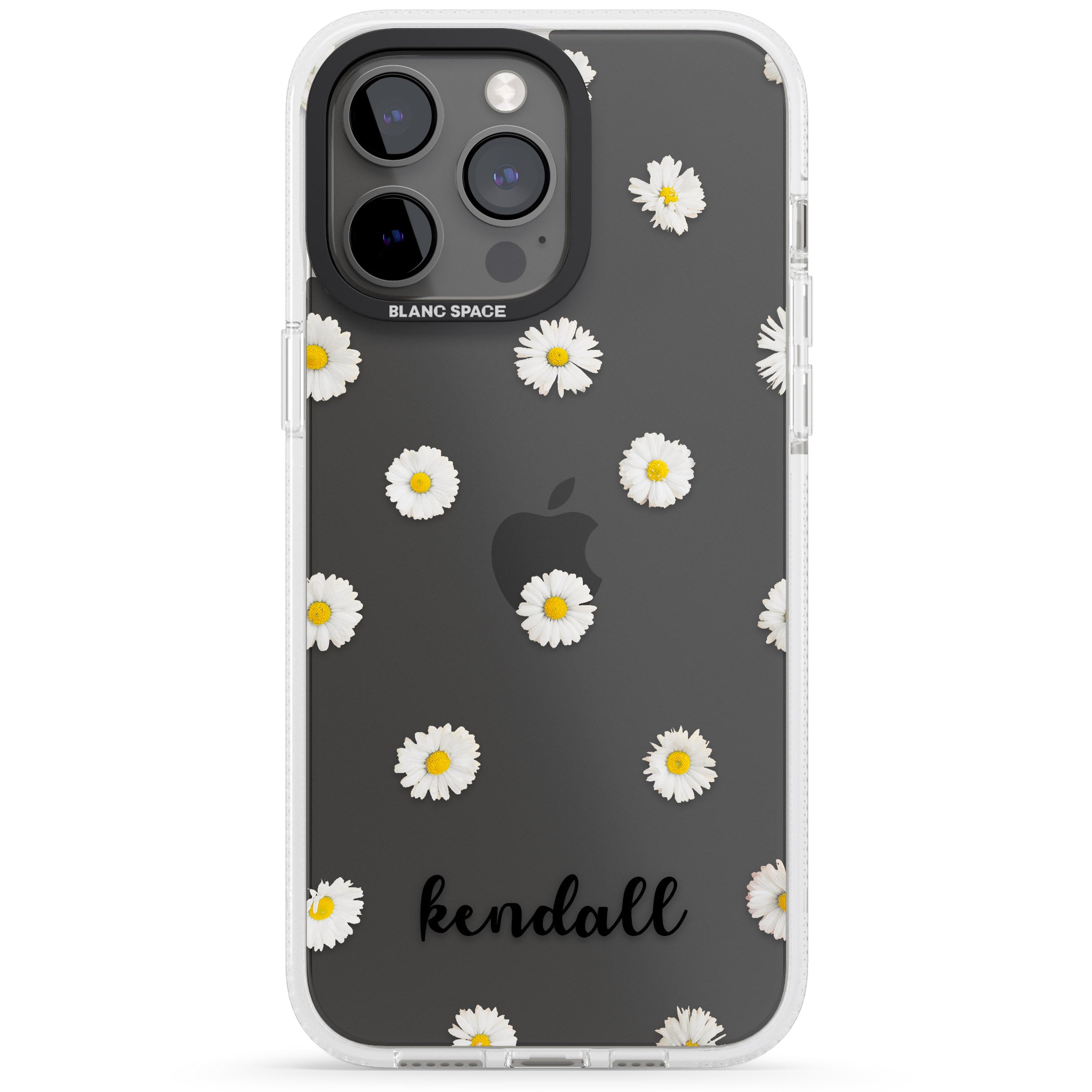 Personalised White Daisies & Cursive iPhone 15 Pro Max / 15 Pro / 14 Pro Max / 14 Pro / 13 Pro Clear Case Impact Air - Blanc Space