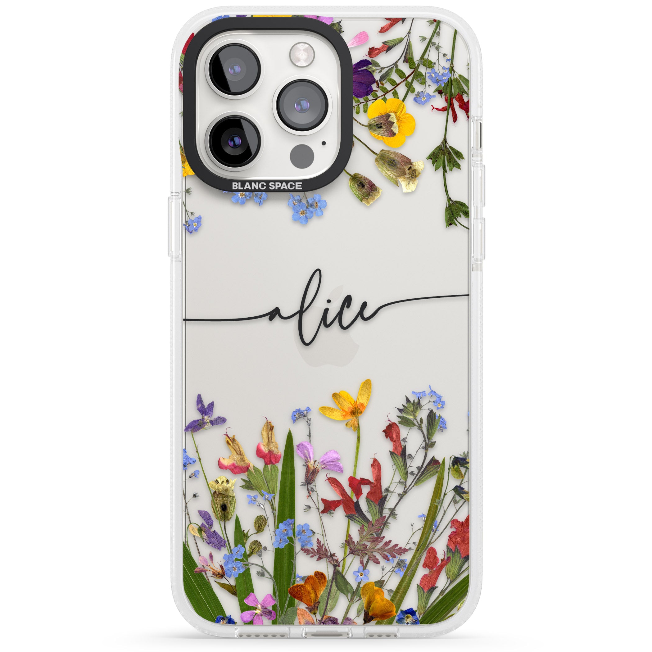 Personalised Wildflower Floral iPhone 15 Pro Max / 15 Pro / 14 Pro Max / 14 Pro / 13 Pro Clear Case Impact Air - Blanc Space