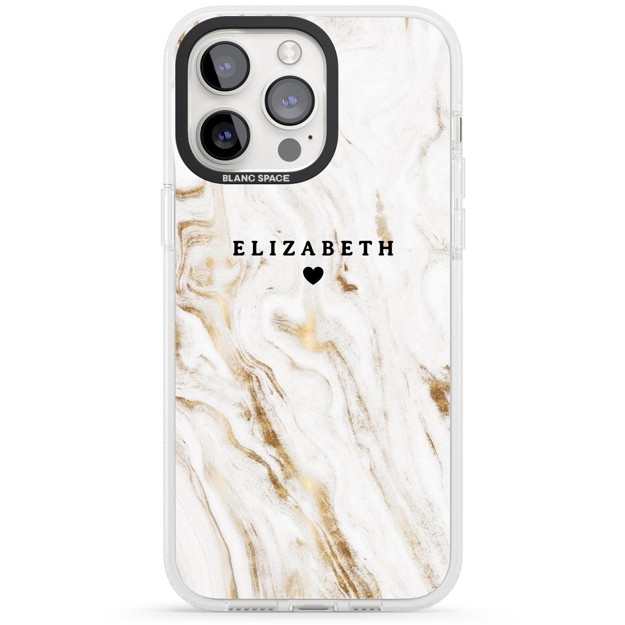 Personalised White & Gold Swirl Marble iPhone 15 Pro Max / 15 Pro / 14 Pro Max / 14 Pro / 13 Pro Clear Case Impact Air - Blanc Space