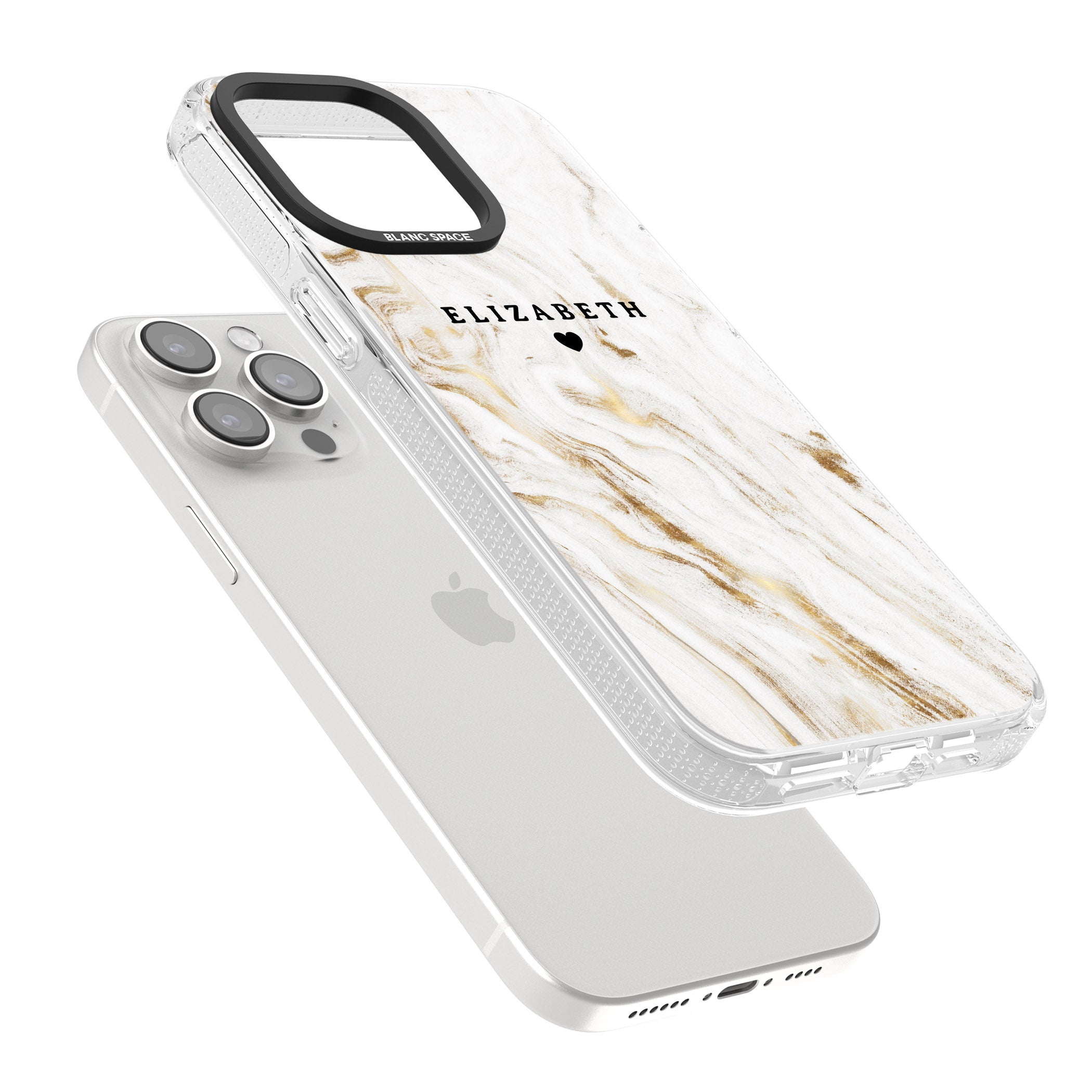 Personalised White & Gold Swirl Marble iPhone 15 Pro Max / 15 Pro / 14 Pro Max / 14 Pro / 13 Pro Clear Case Impact Air - Blanc Space