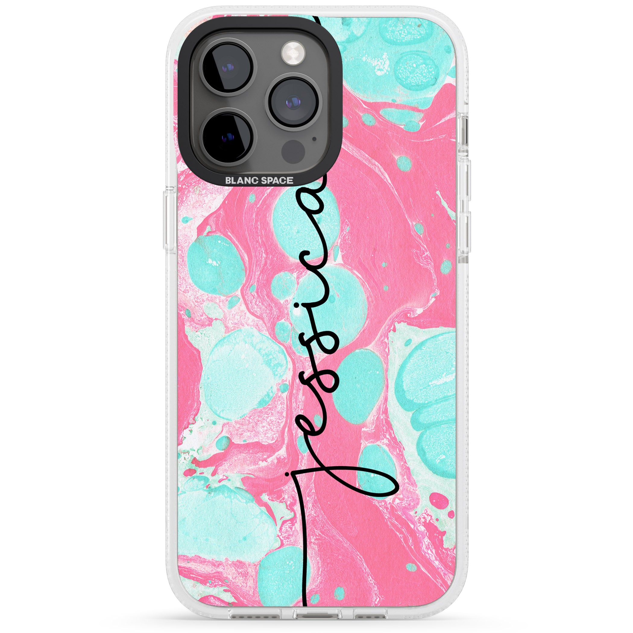 Personalised Turquoise & Pink - Marbled iPhone 15 Pro Max / 15 Pro / 14 Pro Max / 14 Pro / 13 Pro Clear Case Impact Air - Blanc Space