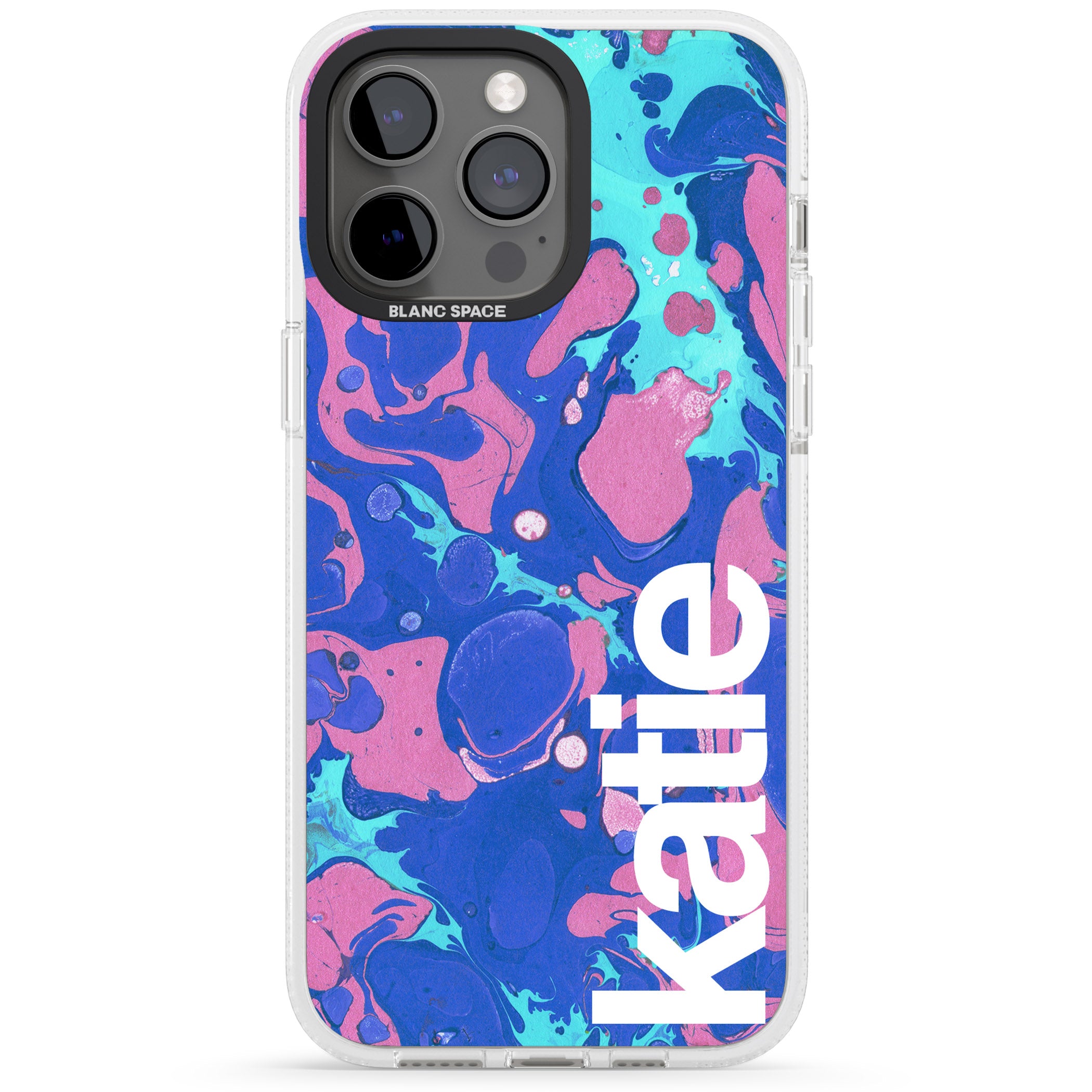 Personalised Navy, Turquoise + Purple - Marbled iPhone 15 Pro Max / 15 Pro / 14 Pro Max / 14 Pro / 13 Pro Clear Case Impact Air - Blanc Space