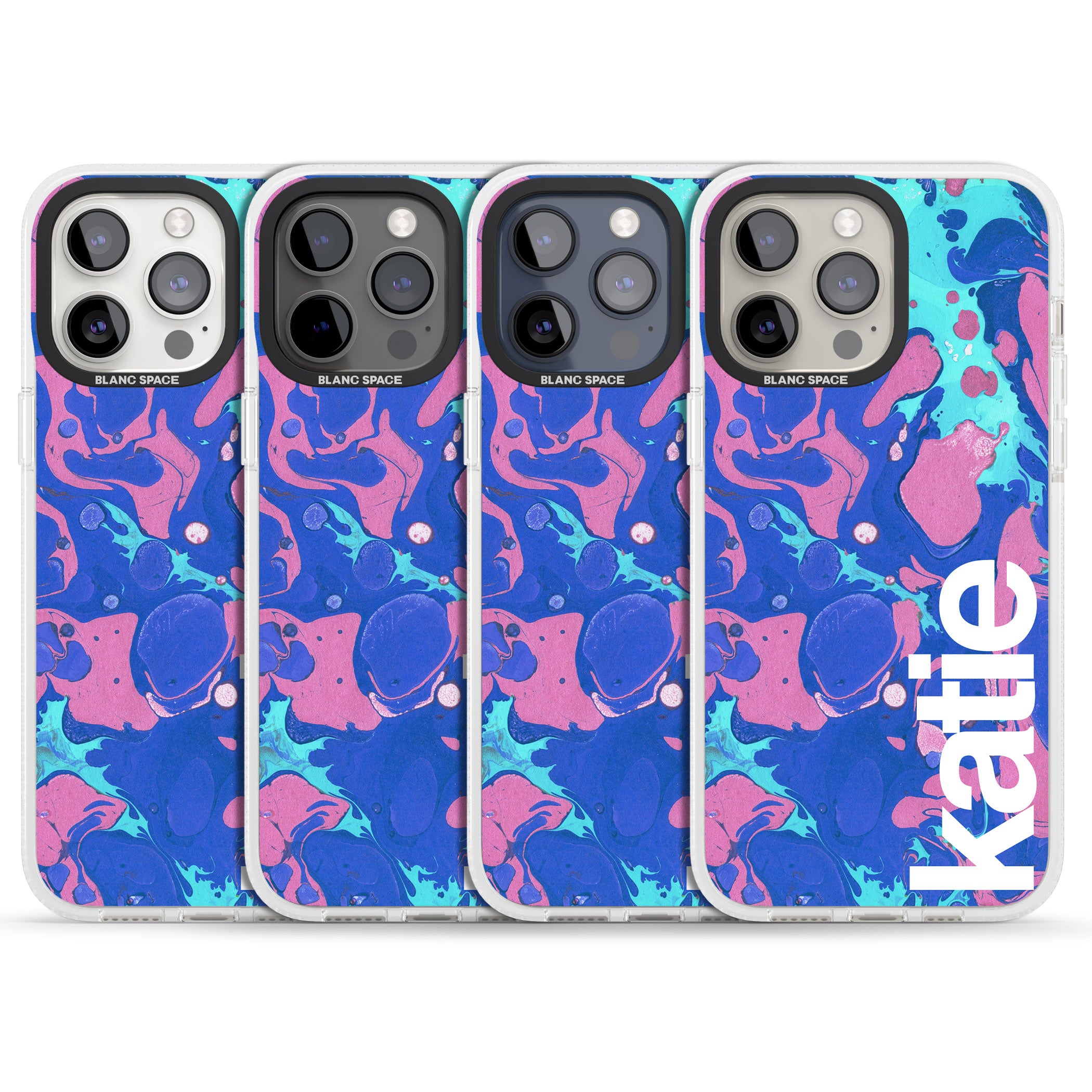 Personalised Navy, Turquoise + Purple - Marbled iPhone 15 Pro Max / 15 Pro / 14 Pro Max / 14 Pro / 13 Pro Clear Case Impact Air - Blanc Space