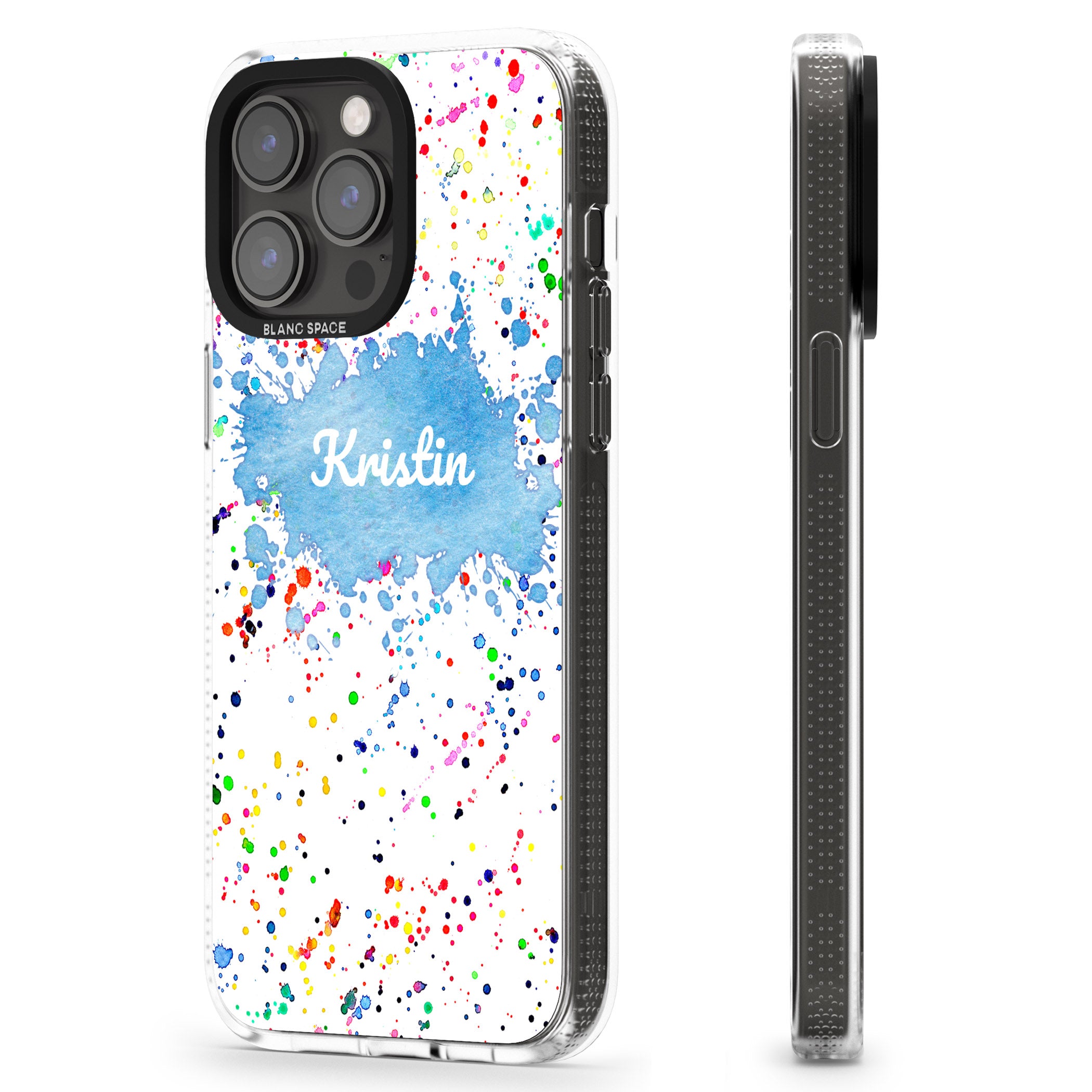 Personalised Rainbow Paint Splatter iPhone 15 Pro Max / 15 Pro / 14 Pro Max / 14 Pro / 13 Pro Clear Case Impact Air - Blanc Space