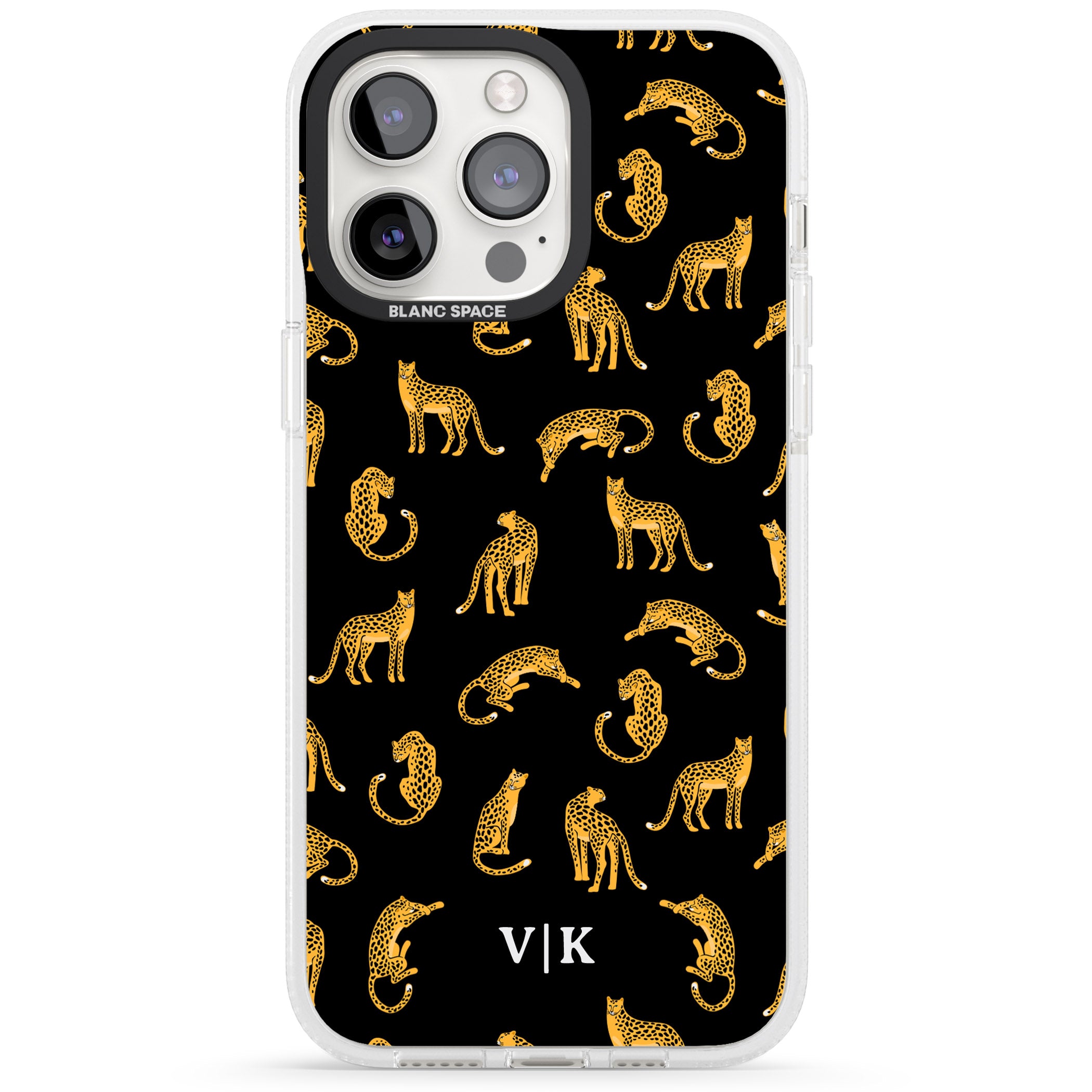 Personalised Cheetah Pattern: Black iPhone 15 Pro Max / 15 Pro / 14 Pro Max / 14 Pro / 13 Pro Clear Case Impact Air - Blanc Space