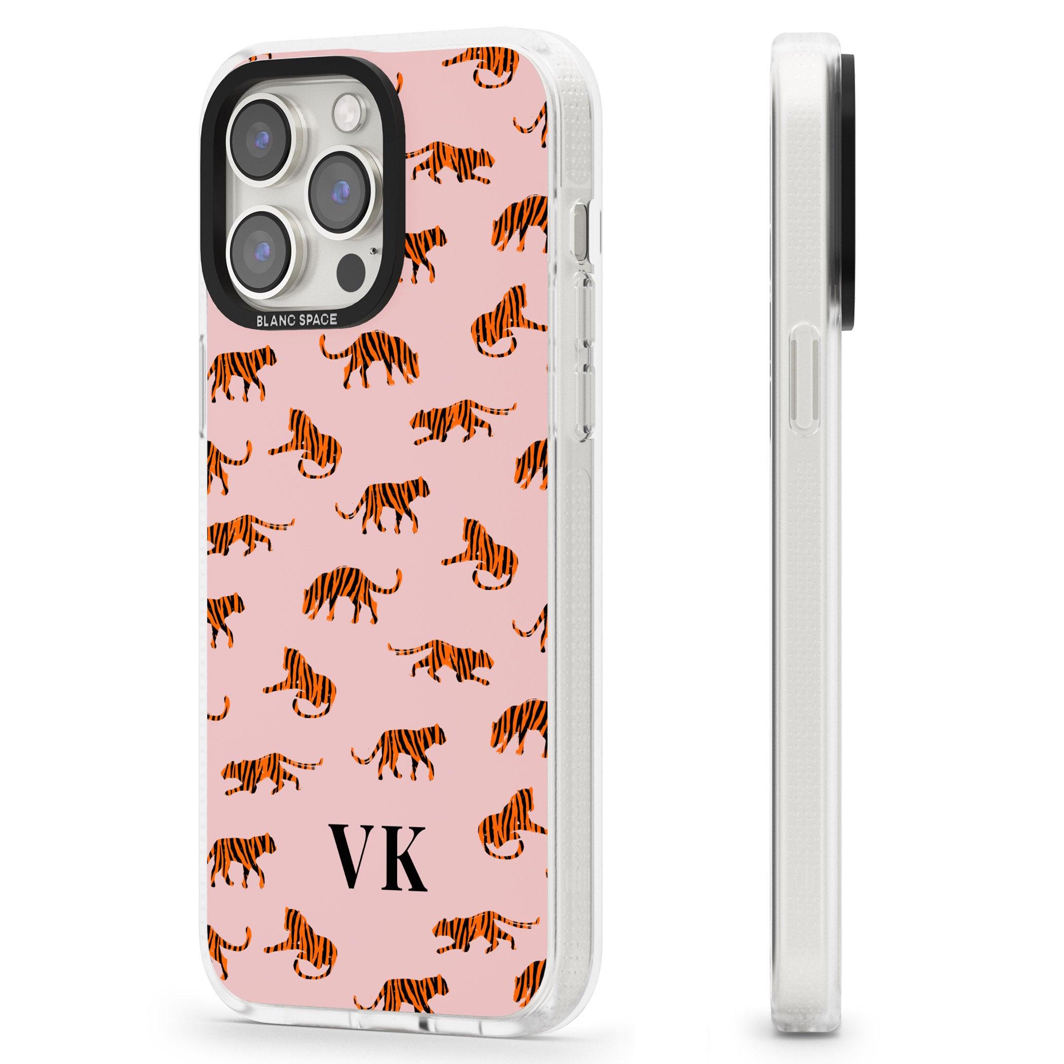 Personalised Safari Tiger Pattern on Pink iPhone 15 Pro Max / 15 Pro / 14 Pro Max / 14 Pro / 13 Pro Clear Case Impact Air - Blanc Space